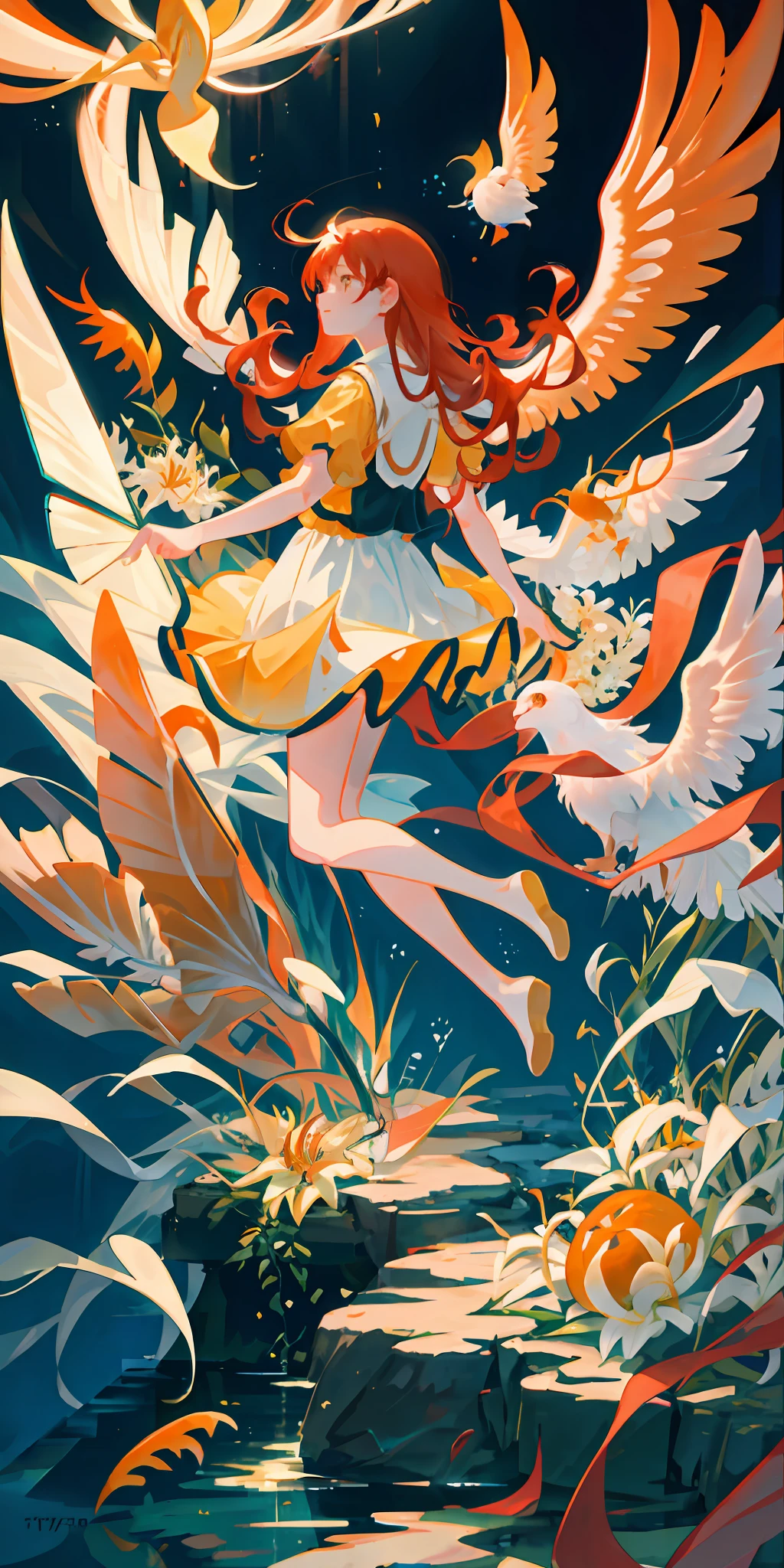 girl underwater, long red flowing hair, angel wings, orange yellow and white lily flowers