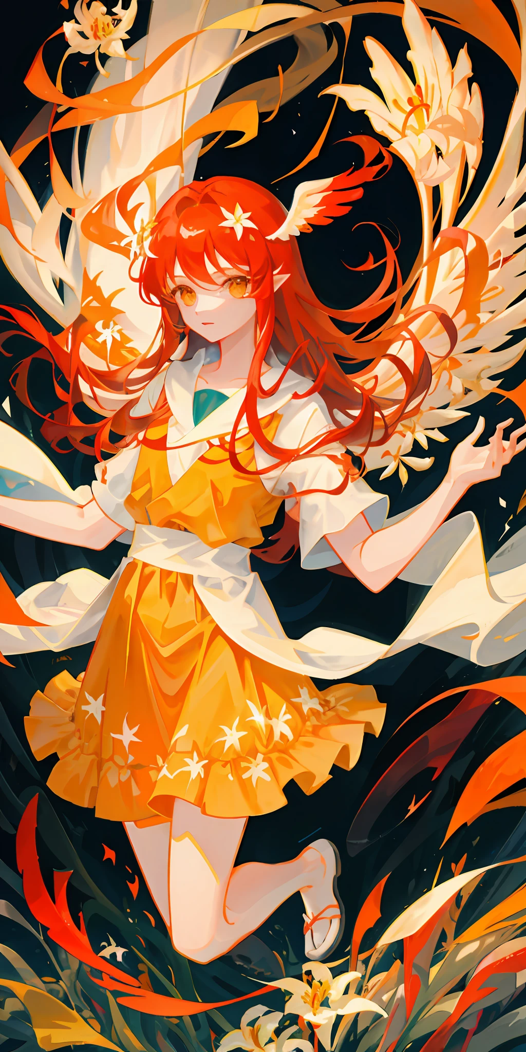 girl underwater, long red flowing hair, angel wings, orange yellow and white lily flowers