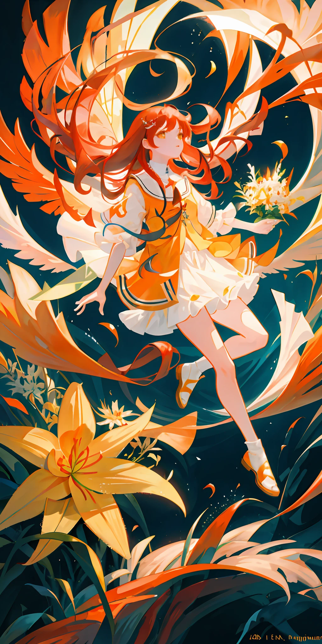 girl underwater, long red flowing hair, angel wings, orange yellow and white lily flowers