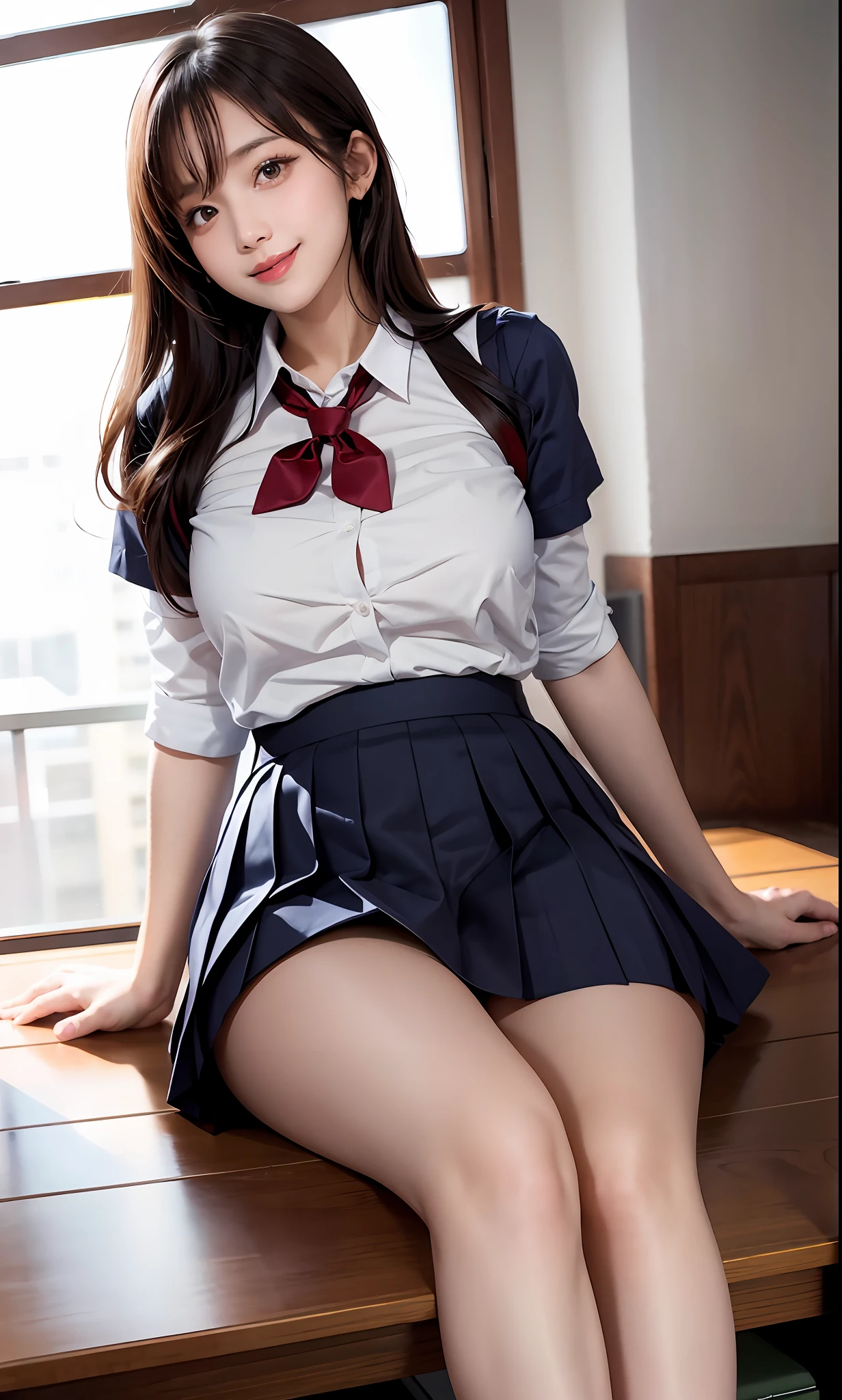 majicMIX Real, (Raw photo: 1.2), (Photorealistic: 1.4), big, beautiful detailed eyes, show off panties, show off panties, huge file size, super detailed, high resolution, very detailed, top quality, masterpiece, illustration, highly detailed, CG, unification, 8k wallpaper, movie lighting, girl, Japan girls' high school uniform, Cute schooll, see, smiling, pleated skirt, lighting from below, panty shot, spreading legs