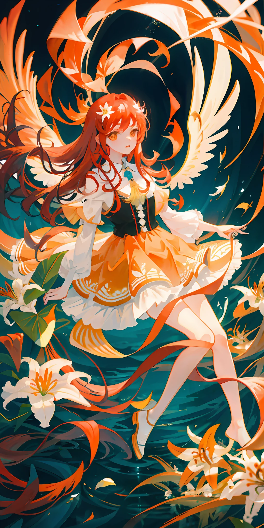 girl underwater, long red flowing hair, angel wings, orange yellow and white lily flowers