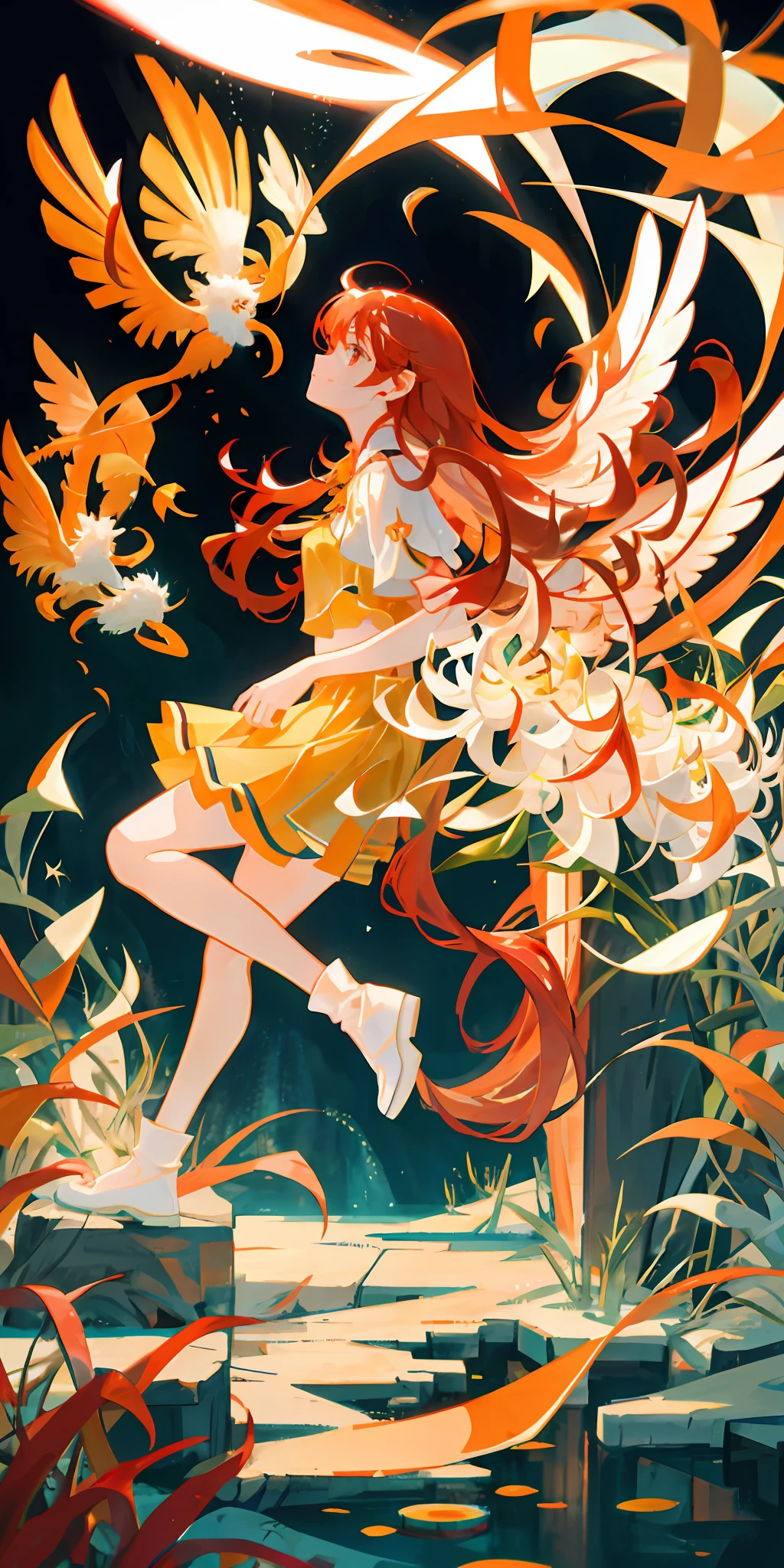 girl underwater, long red flowing hair, angel wings, orange yellow and white lily flowers