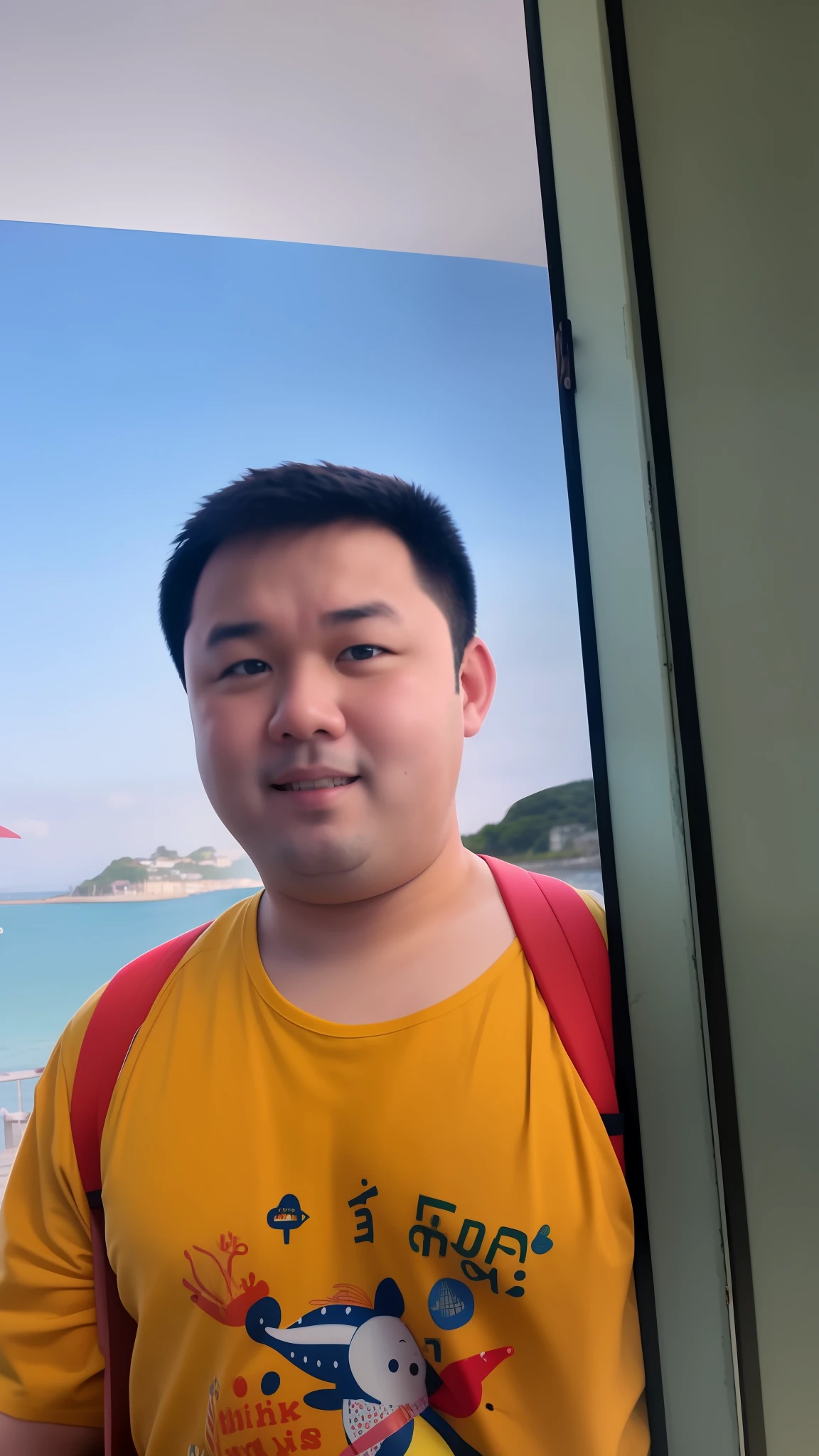 Slightly chubby man with a yellow blouse, carrying a red school bag, and the sea behind him