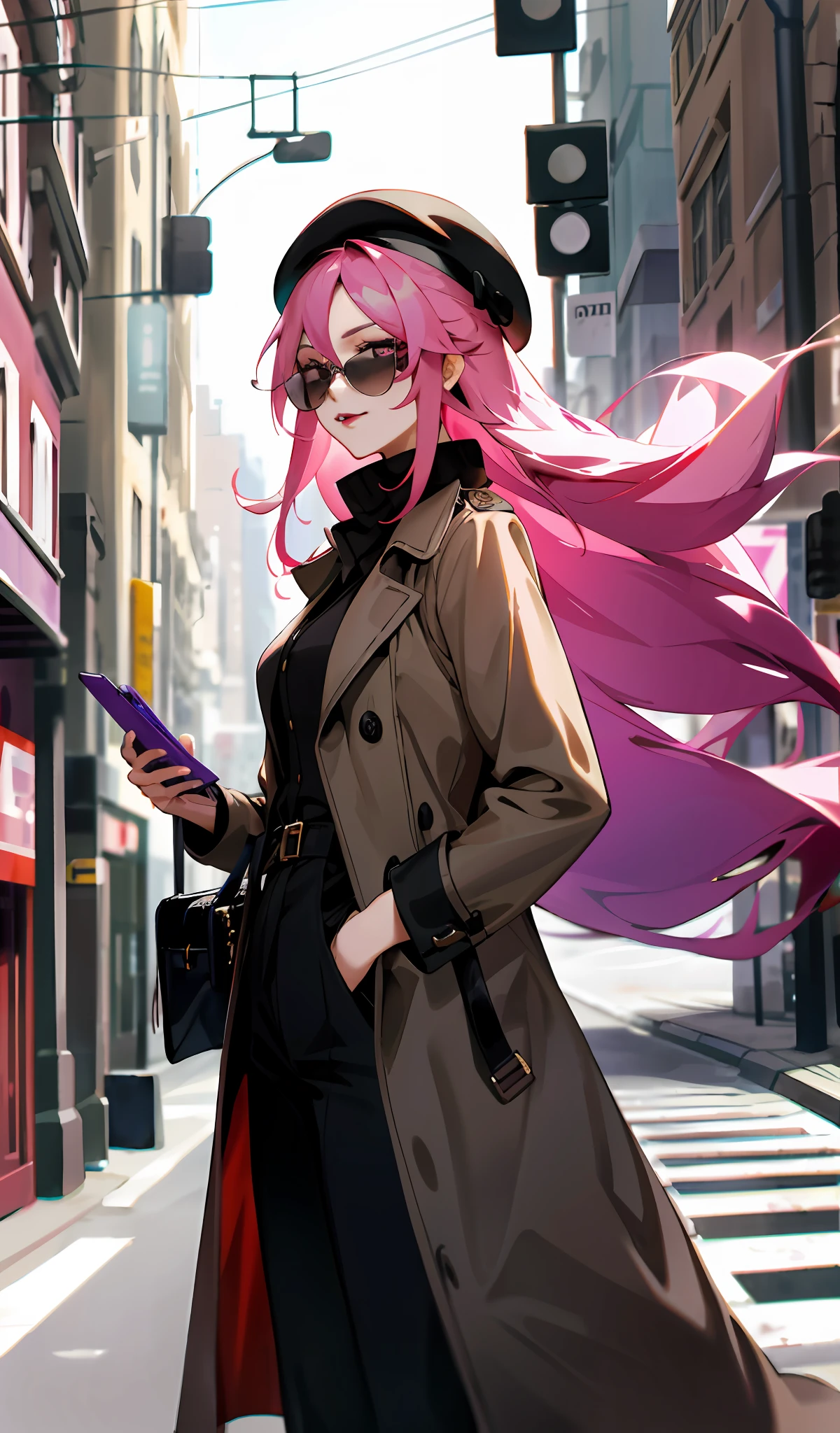 araffe woman in a coat and hat talking on a cell phone, fashionable woman, an elegant girl in urban outfit, posing in an urban street, a beret and sunglasses, warm color clothes, wearing an elegant outfit, wearing a french beret, standing in a city street, woman is in a trenchcoat, modern fashion outfit, pink hair, purple eyes, black sunglasses, lipsticks, long hair, brown coat