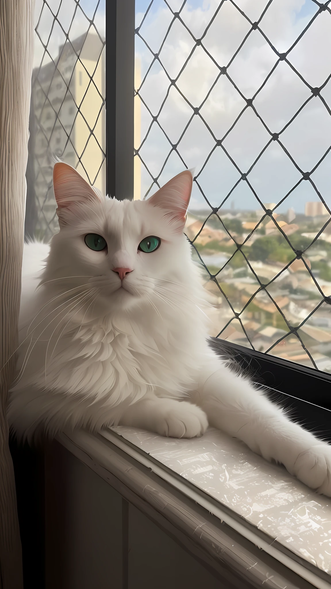 There is a white cat sitting on a windowsill looking out, furry, cute, white (cat) girl, , doing a majestic pose, amazing cat, beautiful mutt picture, photo of a cat, cute cat, (best quality:1.33), (masterpiece:1.42), (realistic:1.24), (detailed:1.15), cute cat, big eyes, pixar style, gorgeous 3ds max render, volumetric lighting, global lighting, raytracing, detailed hyperrealism, manga,