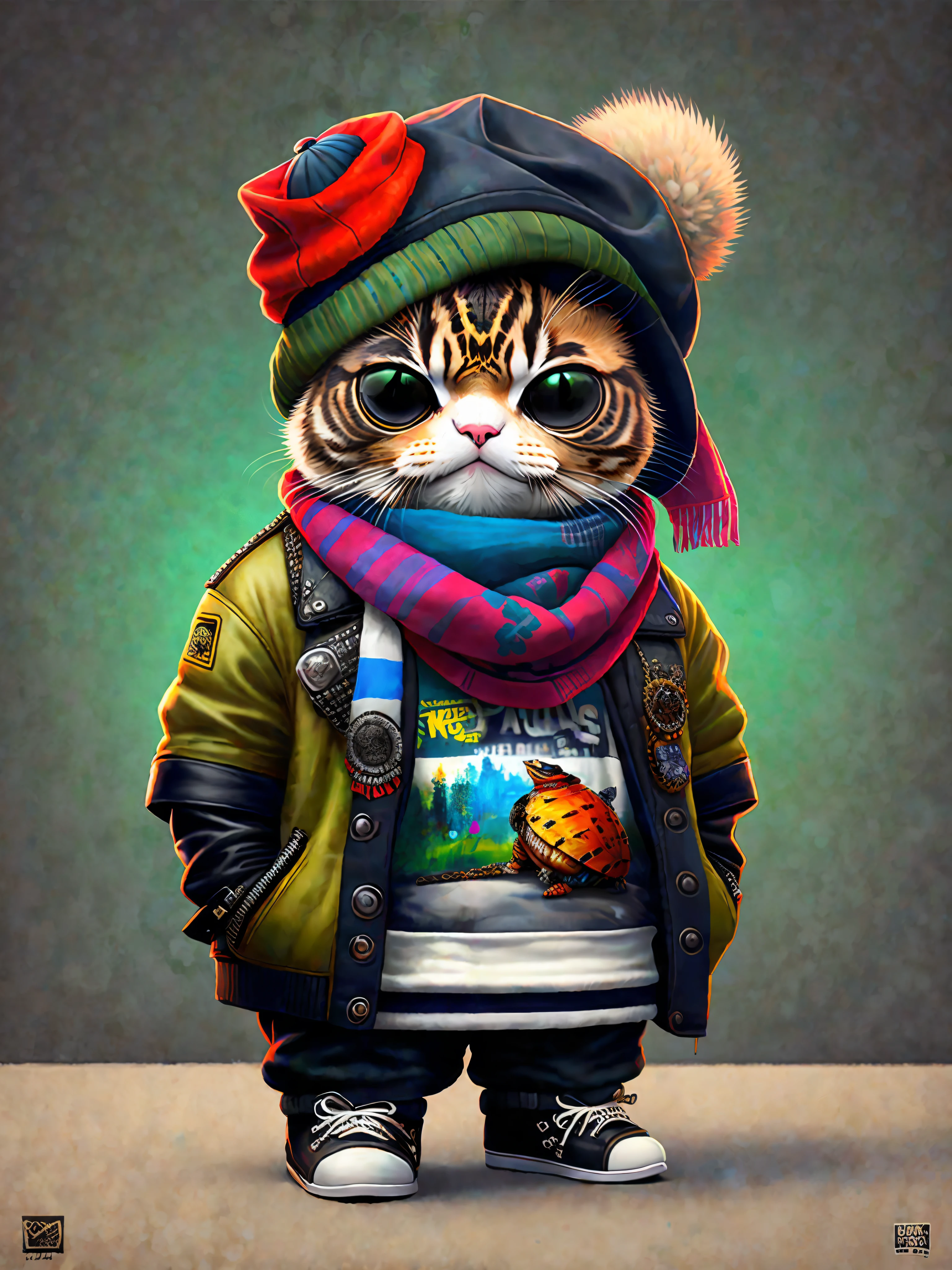 a painting of a turtle wearing a hat and scarf, trend in art station, dressed in punk clothing, hyper realistic detailed render, british gang member, urban style, intimidating pose, planet of the cats, trendy clothes, urban samurai, meow, west slav features, 8 1 5