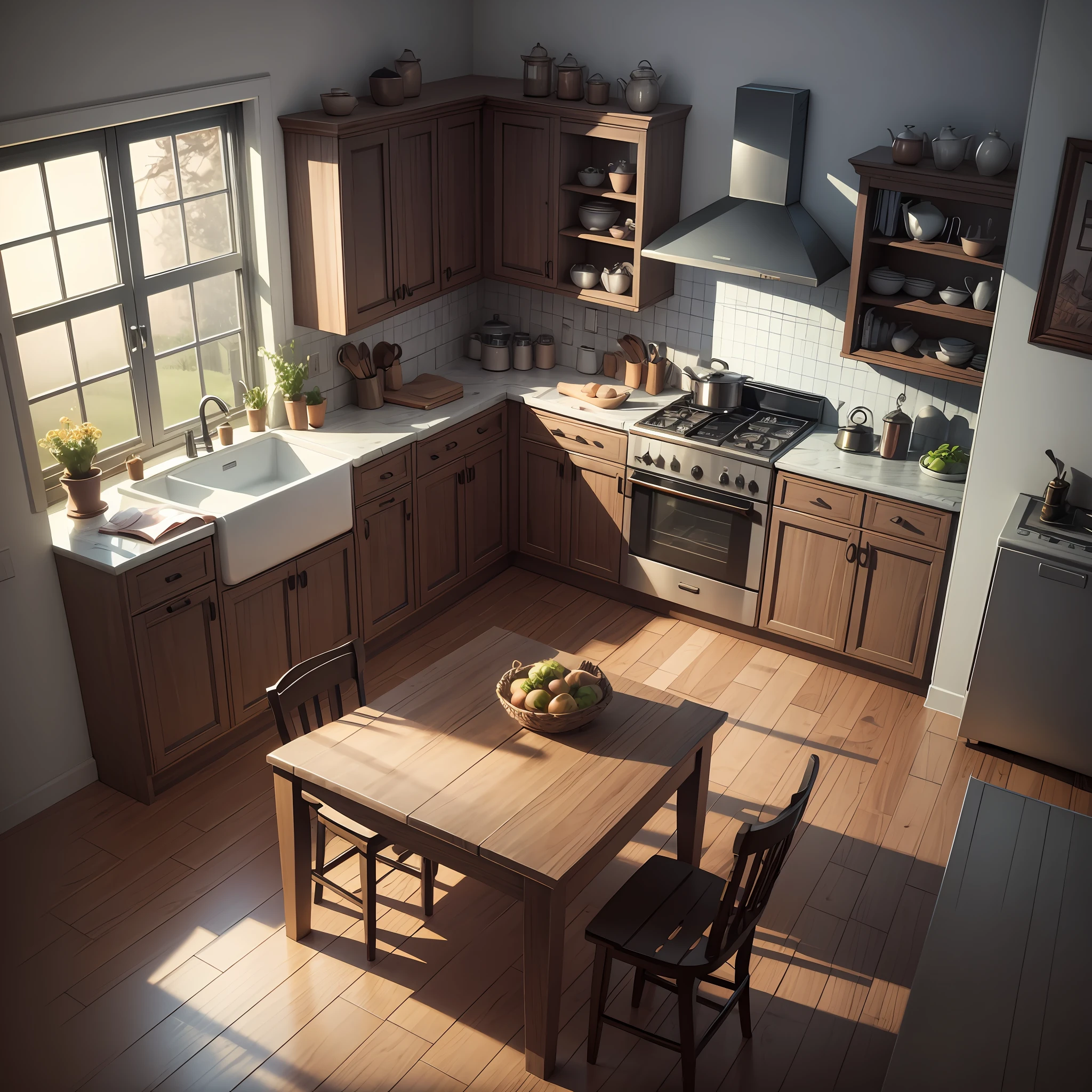 isometric render of the kitchen interior of a scary village house at dusk game art --auto --s2