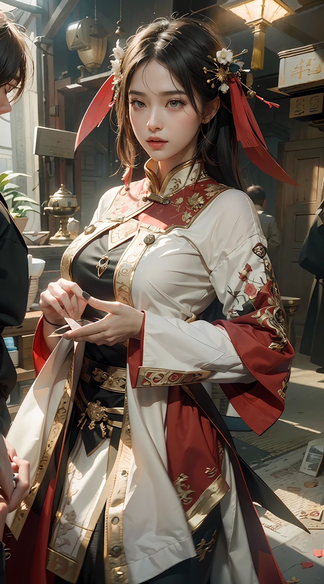 ((Best Quality)), ((Masterpiece)), (Details: 1.4), 3D, A Beautiful Chinese Costume Beauty, (Full Red Wedding Dress: 1.9), (Long Black Straight Hair: 1.7), (Red Hood: 1.2) (Red Glow) (Wedding Scene: 1.5), Chinese Wedding, HDR (High Dynamic Range), Ray Tracing, NVIDIA RTX, Super-Resolution, Unreal 5, Subsurface Scattering, PBR Texture, Post-processing, Anisotropic Filtering, Depth of Field, Maximum Sharpness and Clarity, Multi-layer Texture, Albedo and Highlight Mapping, Surface Shading, Accurate Simulation of Light-Material Interactions, Perfect Proportions, Octane Render, Bicolor Light, Large Aperture, Low ISO, White Balance, Rule of Thirds, 8K RAW,