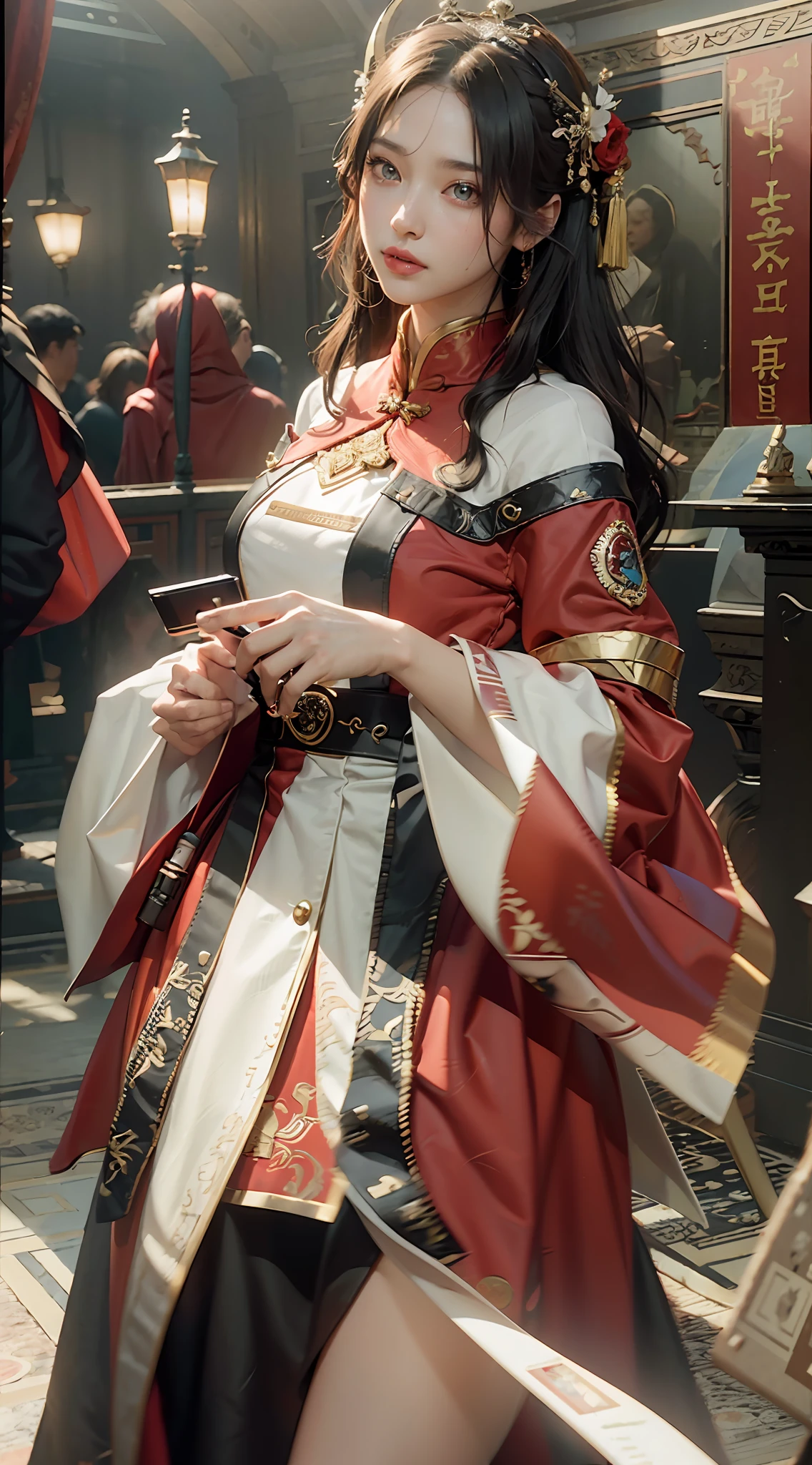 ((Best Quality)), ((Masterpiece)), (Details: 1.4), 3D, A Beautiful Chinese Costume Beauty, (Full Red Wedding Dress: 1.9), (Long Black Straight Hair: 1.7), (Red Hood: 1.2) (Red Glow) (Wedding Scene: 1.5), Chinese Wedding, HDR (High Dynamic Range), Ray Tracing, NVIDIA RTX, Super-Resolution, Unreal 5, Subsurface Scattering, PBR Texture, Post-processing, Anisotropic Filtering, Depth of Field, Maximum Sharpness and Clarity, Multi-layer Texture, Albedo and Highlight Mapping, Surface Shading, Accurate Simulation of Light-Material Interactions, Perfect Proportions, Octane Render, Bicolor Light, Large Aperture, Low ISO, White Balance, Rule of Thirds, 8K RAW,