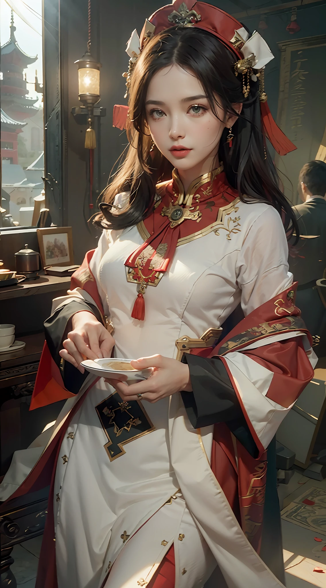 ((Best Quality)), ((Masterpiece)), (Details: 1.4), 3D, A Beautiful Chinese Costume Beauty, (Full Red Wedding Dress: 1.9), (Long Black Straight Hair: 1.7), (Red Hood: 1.2) (Red Glow) (Wedding Scene: 1.5), Chinese Wedding, HDR (High Dynamic Range), Ray Tracing, NVIDIA RTX, Super-Resolution, Unreal 5, Subsurface Scattering, PBR Texture, Post-processing, Anisotropic Filtering, Depth of Field, Maximum Sharpness and Clarity, Multi-layer Texture, Albedo and Highlight Mapping, Surface Shading, Accurate Simulation of Light-Material Interactions, Perfect Proportions, Octane Render, Bicolor Light, Large Aperture, Low ISO, White Balance, Rule of Thirds, 8K RAW,