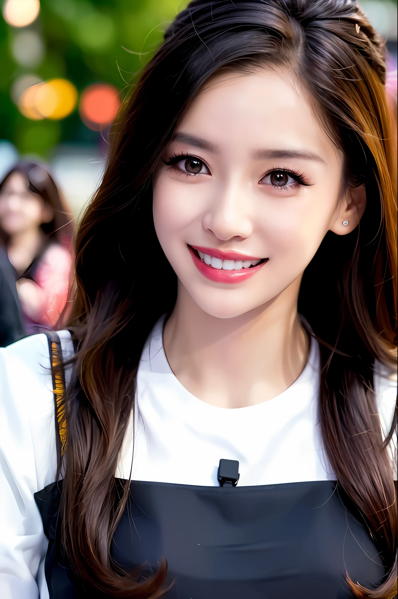 (8K, Best Quality, Masterpiece: 1.2), (Realistic, Realistic: 1.37), Super Detailed, Best Quality, Ultra High Resolution, Professional Lighting, Photon Mapping, Teleportion, Physically Based Rendering, Film Lighting, Pedestrian Street, Rainy Depth of Field, Clear Focus, Sunlight, Good Composition, (Bokeh: 1.2) 1girl, Solo, (Close Up View), Beautiful Detailed Eyes, Smiley Face, Pose, Narrow Waist, Mid-Chest, (Random colorful clothes ), black hair, messy hair, long hair fluttering in the wind, (ulzzang-6500:1.2)