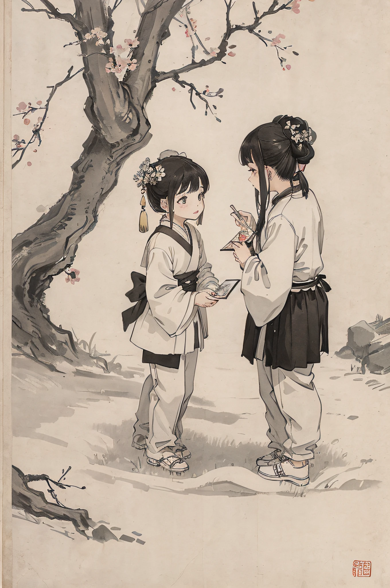(masterpiece, best quality: 1.2), traditional Chinese ink painting, two children