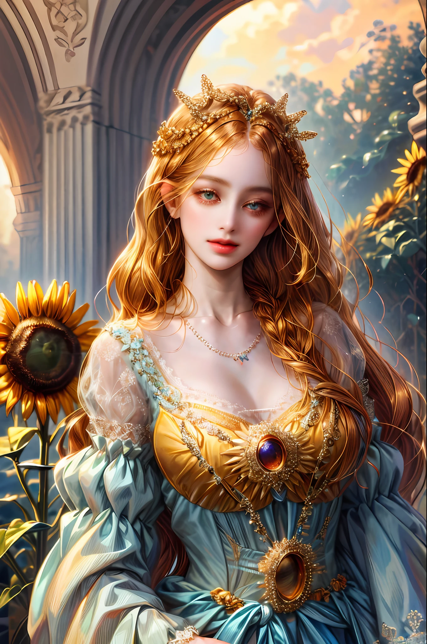 (  Absurdly , High quality , ultra detailed ) ,( hand detailed ) , 1girl, solo, mature, very long hair, sunflower hair , beautiful crystal eyes ( eye detailed ) Baroque, Necklace, long dress, long sleeve, elegant, colorful, highest detailed, upper body , with the river and sunflowers