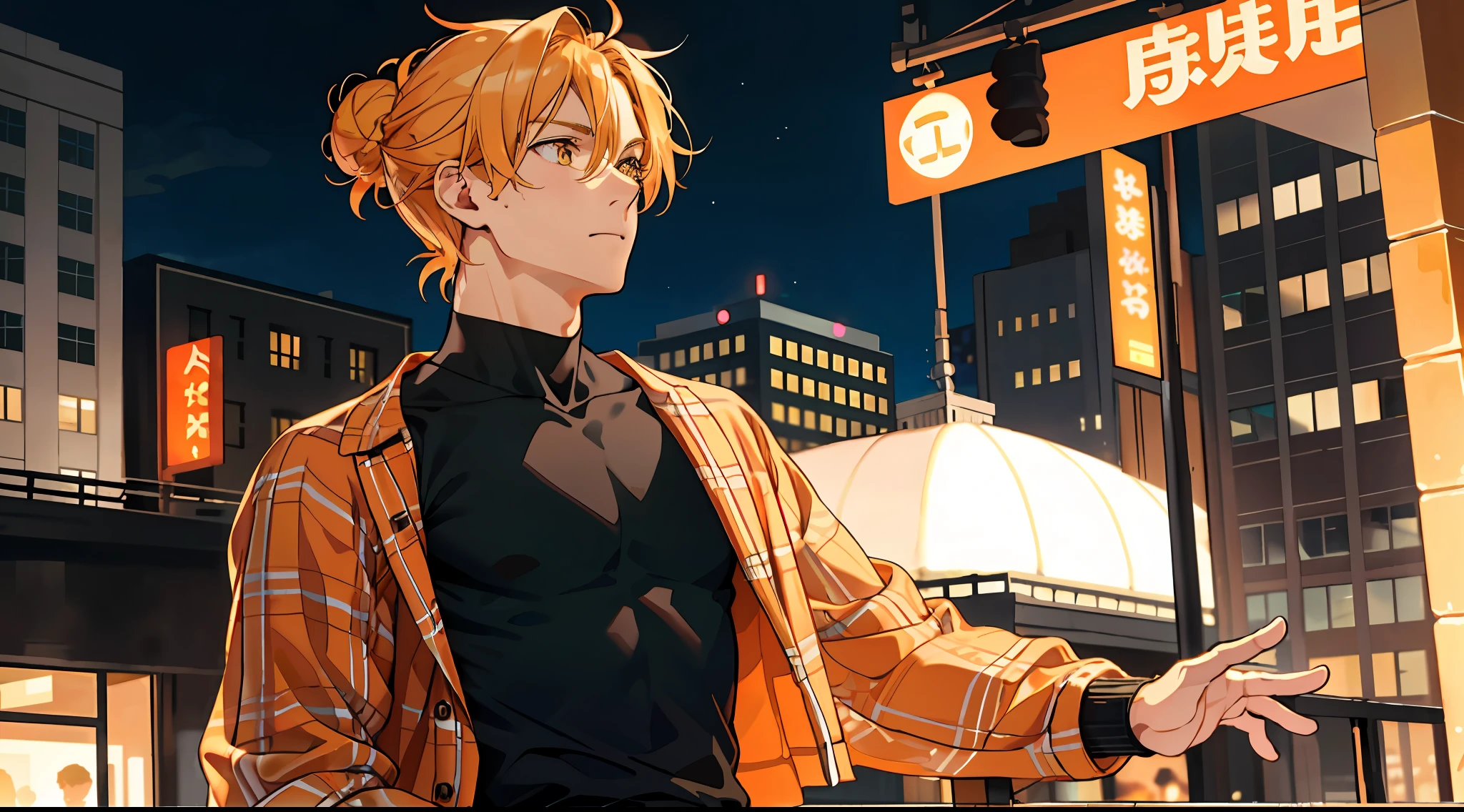 masterpiece, best quality, 1 male, adult, orange-blonde hair, musician, soft features, playful expression, ((golden eyes)), soft eyes, ((short hair)), ((high bun)), uhd ((modern)), ((modern clothing)), city background, city background, soft boy, black sweatpants, cozy, pretty boy, (loose clothing), soft expression, calm expression, soft lighting, upper body focus, detailed eyes, detailed face, blush, ((lose clothing)), kawaii, soft features, muscular build, soft masculinity, round face, orange lighting, (evening), romantic lighting, ((loose flanel)), ((dynamic pose))