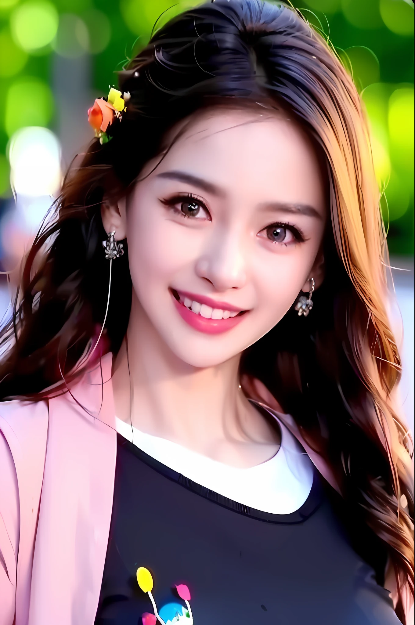 (8K, Best Quality, Masterpiece: 1.2), (Realistic, Realistic: 1.37), Super Detailed, Best Quality, Ultra High Resolution, Professional Lighting, Photon Mapping, Teleportion, Physically Based Rendering, Film Lighting, Pedestrian Street, Rainy Depth of Field, Clear Focus, Sunlight, Good Composition, (Bokeh: 1.2) 1girl, Solo, (Close Up View), Beautiful Detailed Eyes, Smiley Face, Pose, Narrow Waist, Mid-Chest, (Random colorful clothes ), black hair, messy hair, long hair fluttering in the wind, (ulzzang-6500:1.2)