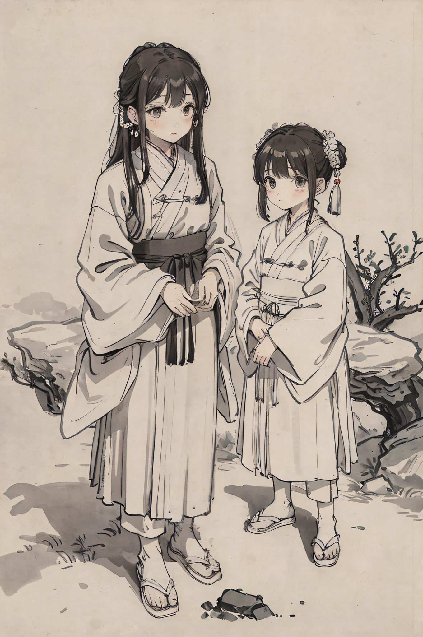 (masterpiece, best quality: 1.2), traditional Chinese ink painting, two children