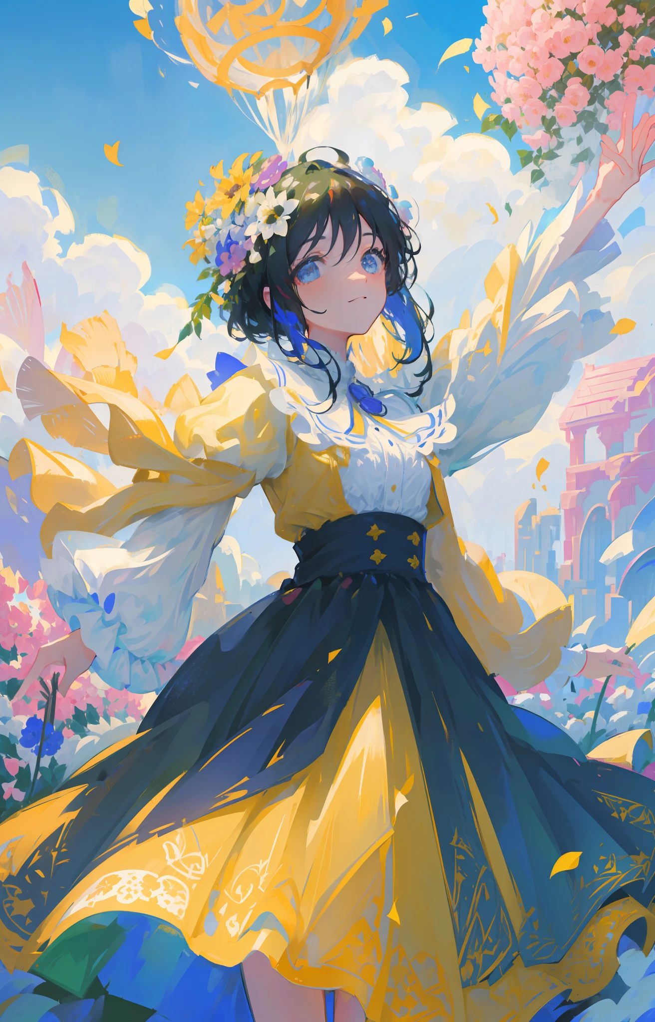 A girl holding flowers, colorful balloons floating in the sky, meadow, dancing, holding flowers, happy, happy, perfect quality, clear focus (clutter-home: 0.8), (masterpiece: 1.2) (Realistic: 1.2) (Bokeh) (Best quality) (Detailed skin: 1.3) (Intricate details) (8K) (Detail Eyes) (Sharp Focus), (Happy)