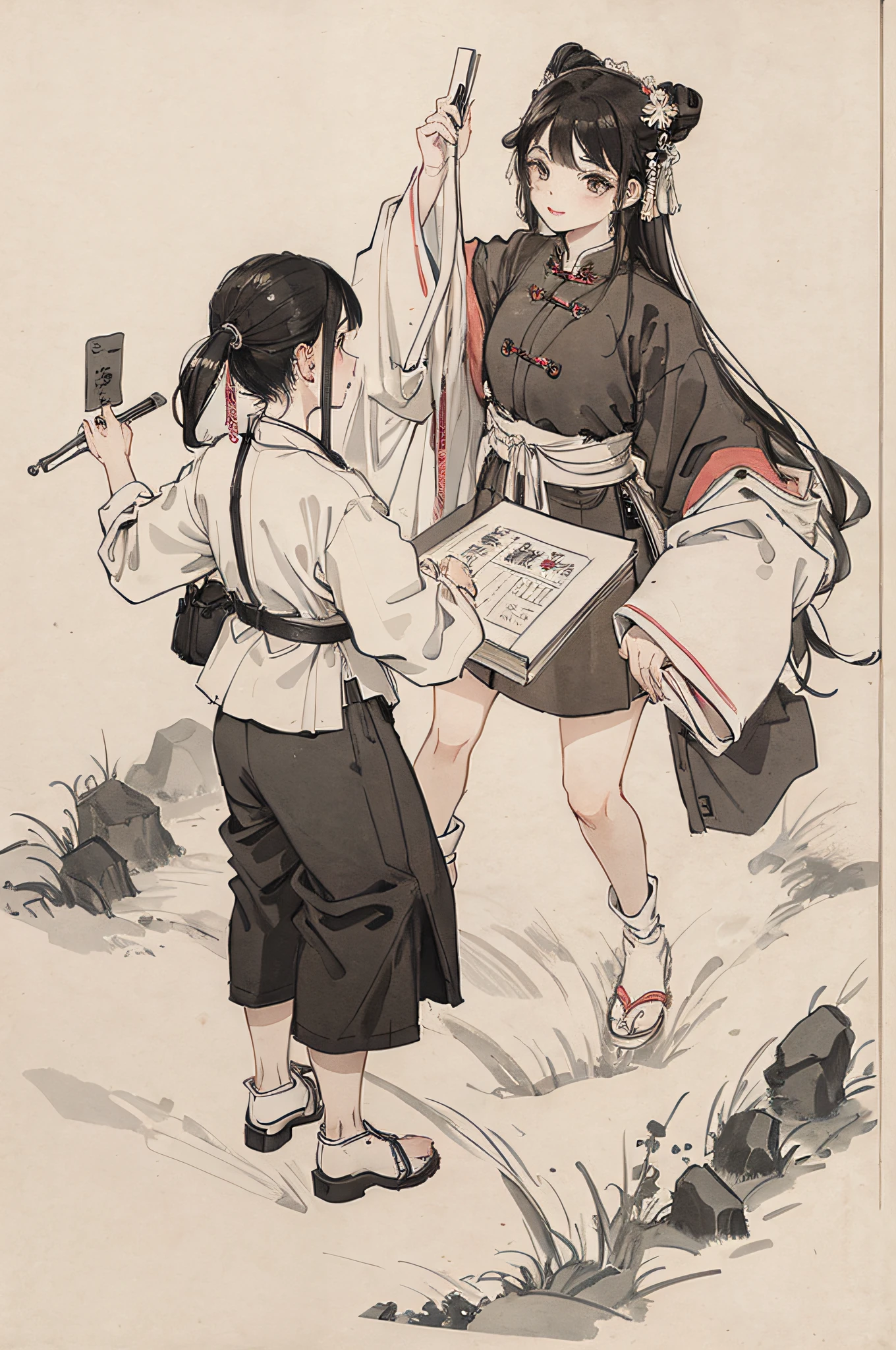 (masterpiece, best quality: 1.2), traditional Chinese ink painting, two children