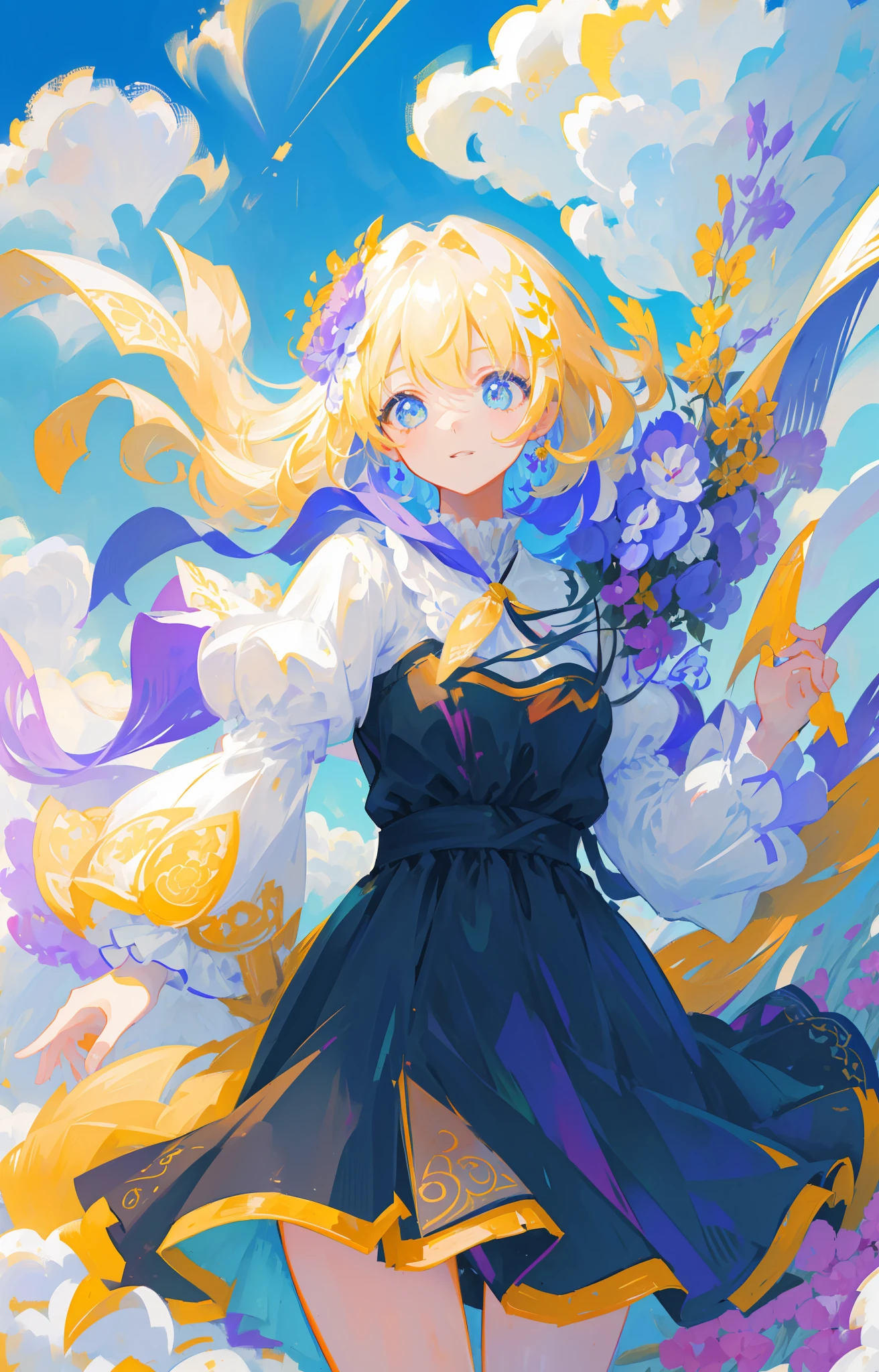 A girl holding flowers, colorful balloons floating in the sky, meadow, dancing, holding flowers, happy, happy, perfect quality, clear focus (clutter-home: 0.8), (masterpiece: 1.2) (Realistic: 1.2) (Bokeh) (Best quality) (Detailed skin: 1.3) (Intricate details) (8K) (Detail Eyes) (Sharp Focus), (Happy)
