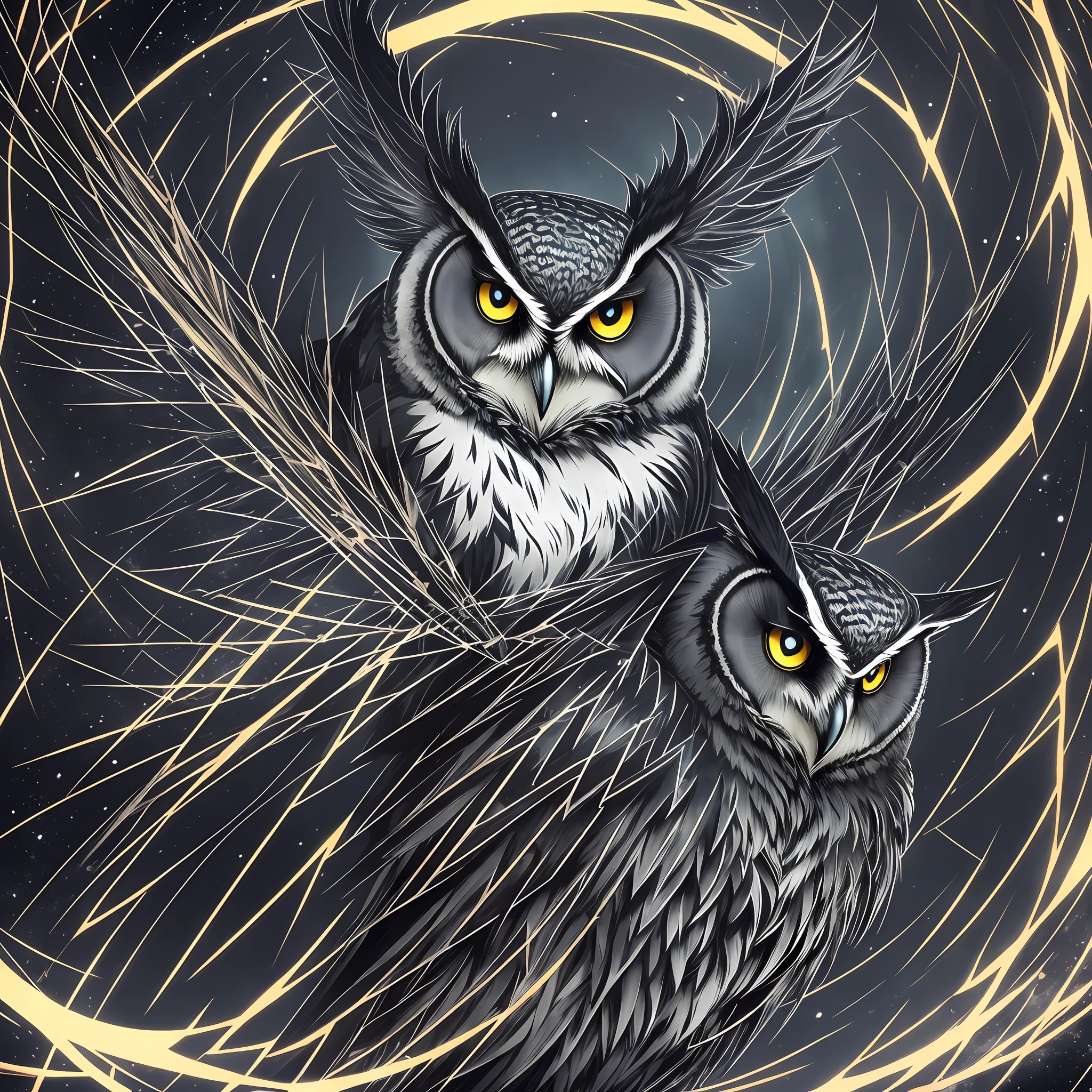 In the heart of the night rises a sinister owl, its wings stretching out like menacing shadows. With sharp claws and feathers of a deep black, she stands out against the darkness that surrounds her. His eyes, two hypnotic abysses, fixate on his prey with a disturbing intensity. It is as if his gaze has the power to bind the soul of anyone who dares to cross his path.

The sinister owl is a keeper of dark secrets, an oracle of the shadows. His gaze reveals a deep and forbidden knowledge, a sinister wisdom that transcends human understanding. She hovers silently in the shadows, watching her every move, patiently waiting for the right moment to act.

Wrapped in a cloak of mystery, the sinister owl is a symbol of the unknown, a creature whose power and influence are fueled by darkness. His hypnotic eyes convey a chilling energy, capable of attracting and subduing anyone who dares to challenge his presence.

Face it, but be warned: once caught in its impregnated gaze, you will be captive to its dark domain. The sinister owl lurks, ready to reveal its secrets and plunge those who venture into its world into an abyss of fascination and terror.