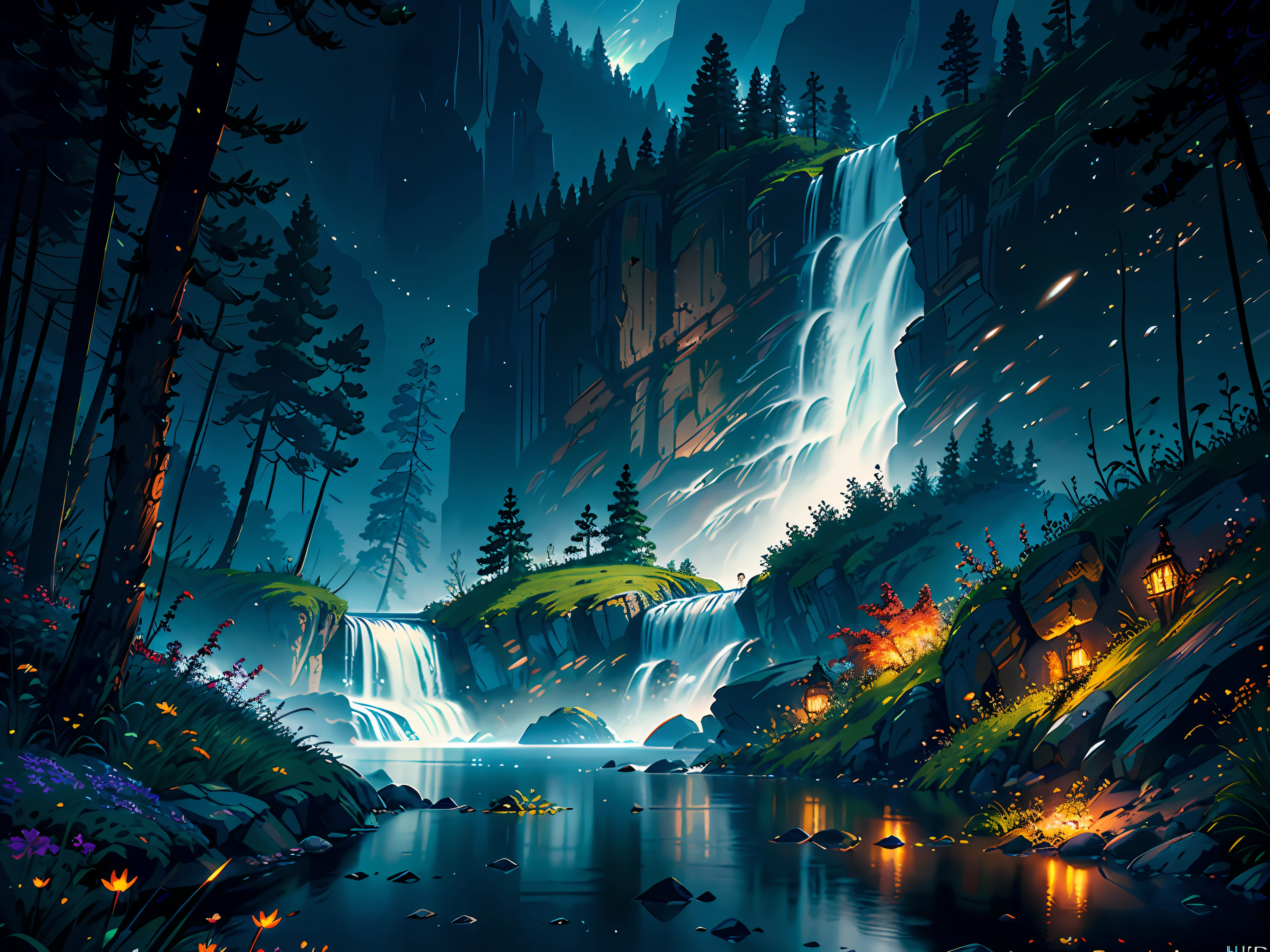 Masterpiece, incredible details, epic realistic, ultra clarity , (intricate details:1.12), (HDR:1.4), octane render, 3d render, cgi,dramatic, bokeh,
(dark shot:1.22), soft cinematic light,
Fast-flowing waterfalls, mountains, rivers, fireflies, flowers, glowing butterflies, crystal