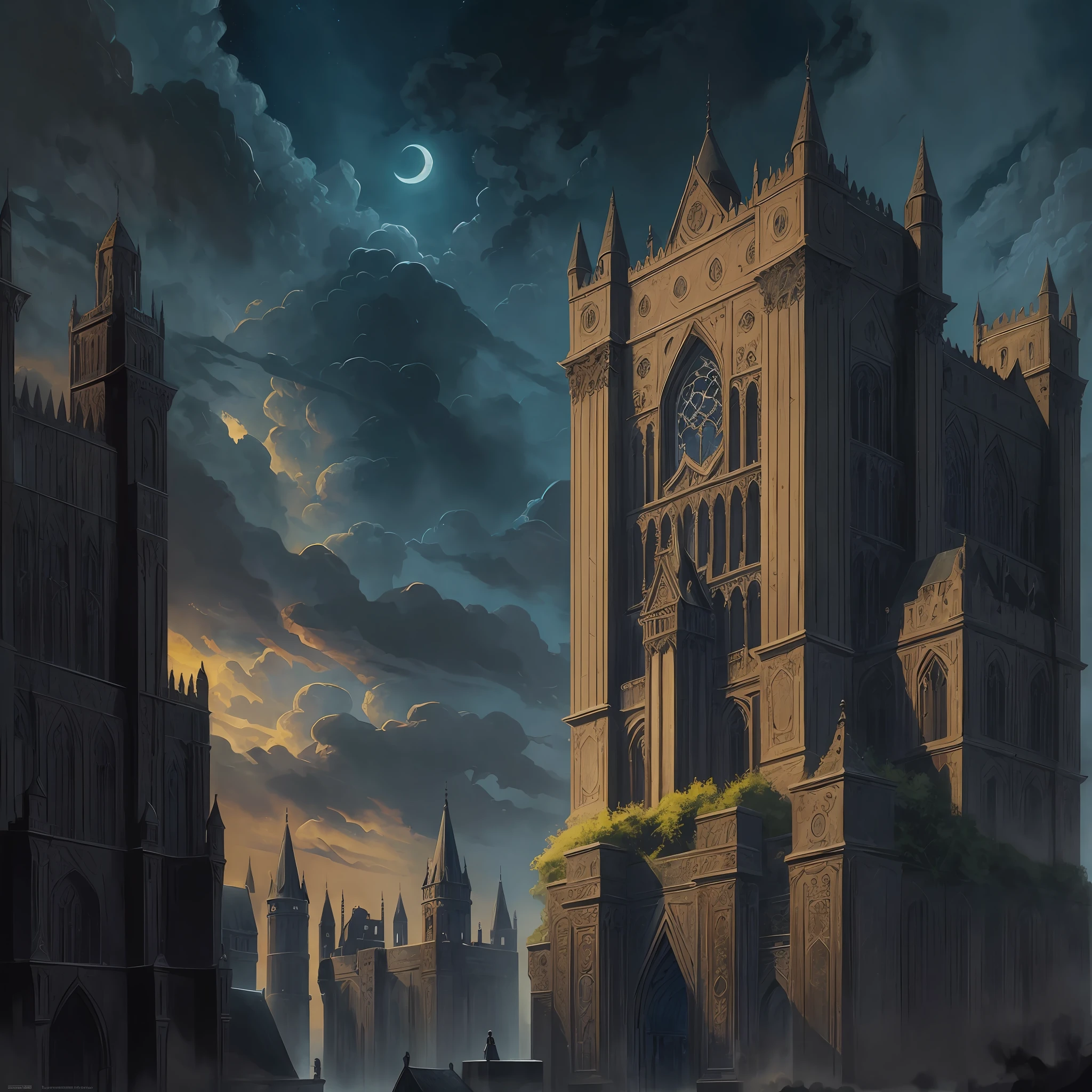 (great citadel), Victorian, black walls, night, high gates, (oil painting), classical art: 0.4, detailed, (fantasy art), muted color: 0.25, best quality, good composition, good proportions, good design, realistic sky, night, realistic backgrounds, (cinematic), (highest quality, award-winning, masterpiece:1.3), (art by Arthur Rackham:0.5), (((natural colors))) --auto --s2