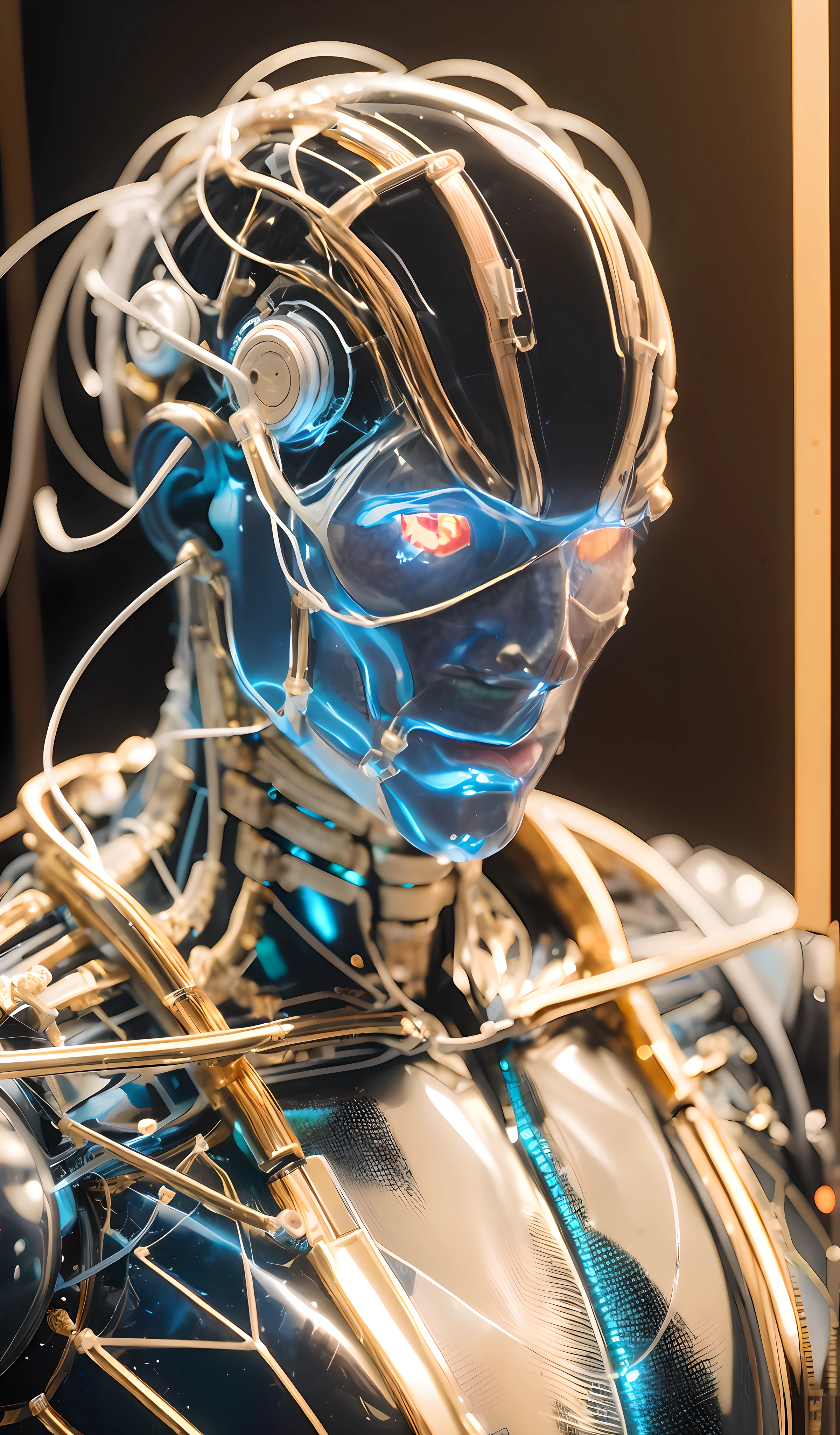 man, gold oil leaking from wires cyborg man | with a visible detailed brain | muscles cable wires | biopunk | cybernetic | cyberpunk | white marble bust | canon m50 | 100mm | sharp focus | smooth | hyperrealism | highly detailed | intricate details | carved by michelangelo