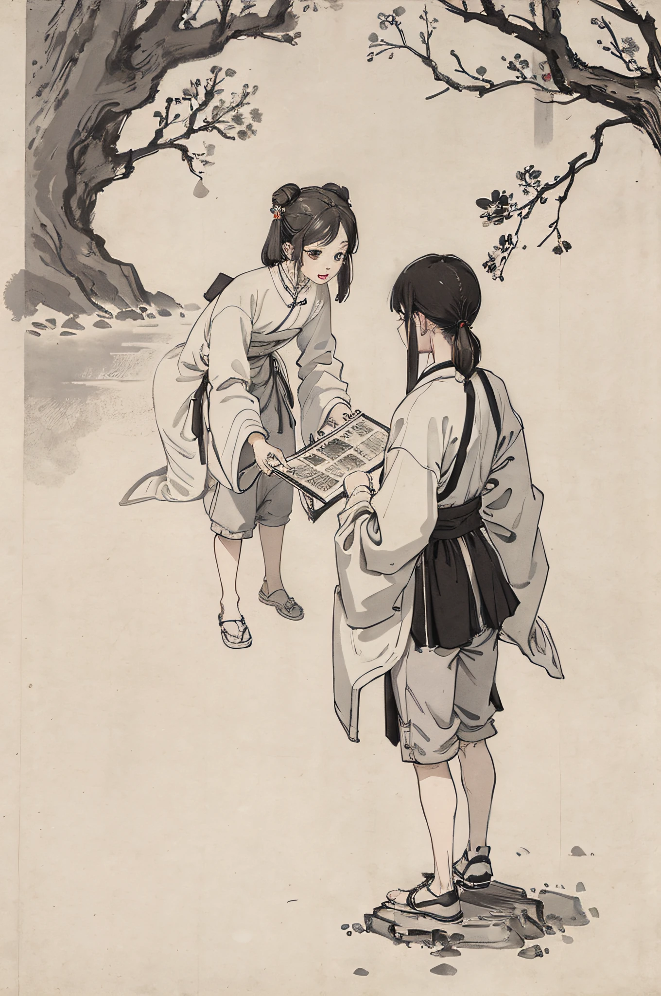 (masterpiece, best quality: 1.2), traditional Chinese ink painting, two children