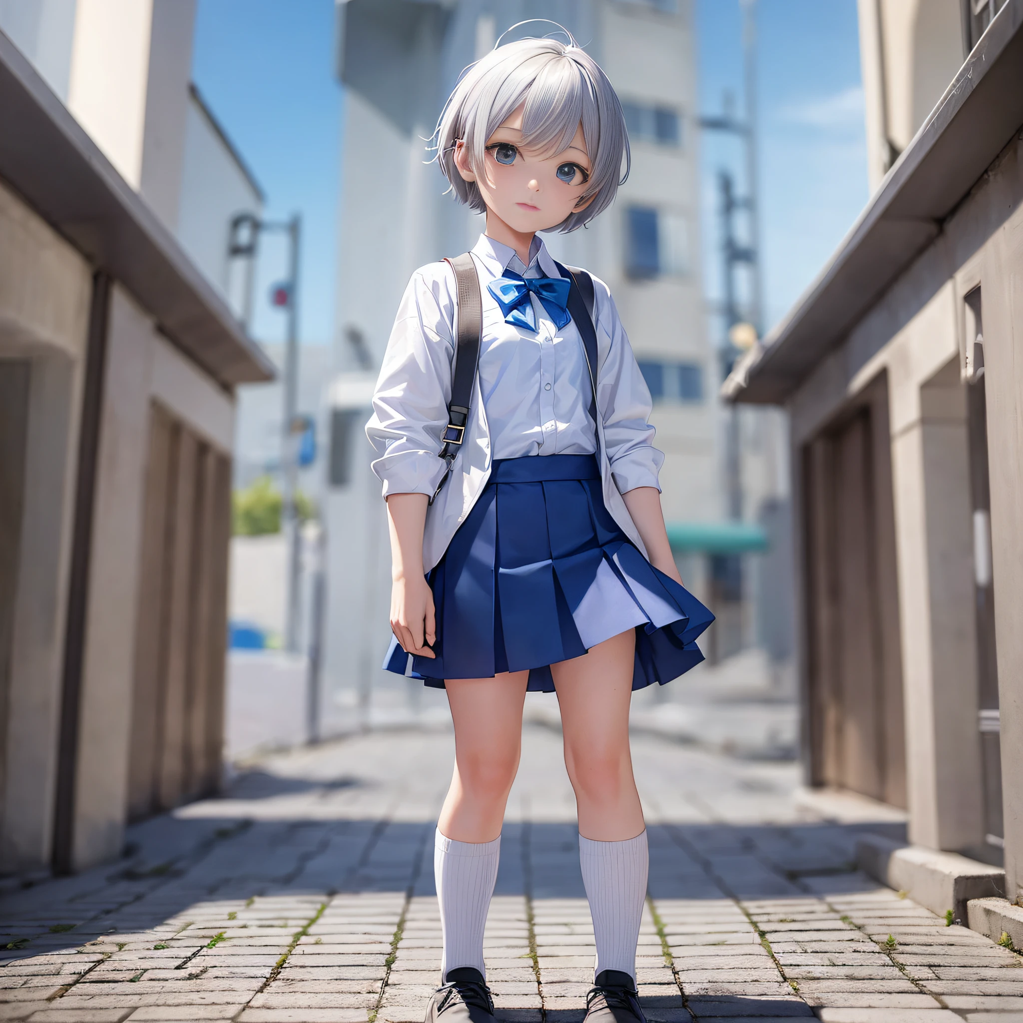 Top quality, masterpiece, school uniform for summer in blue on white, shorts, (Chibi anime girl: 1.5), cute, gray hair, short hair, simple background, white background, (upper body: 1.3), 3D vector art, standing, front view, pixie cut, (Chibi: 1.5),