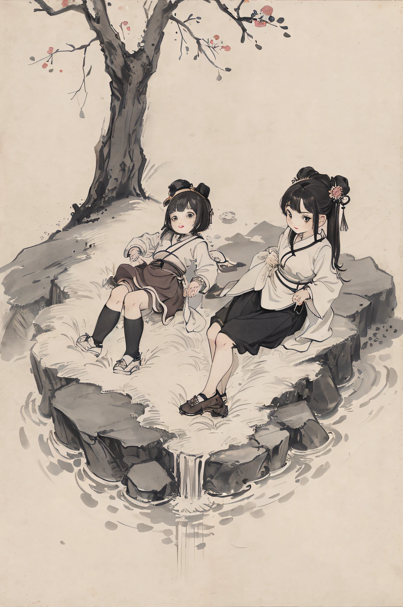 (masterpiece, best quality: 1.2), traditional Chinese ink painting, two children