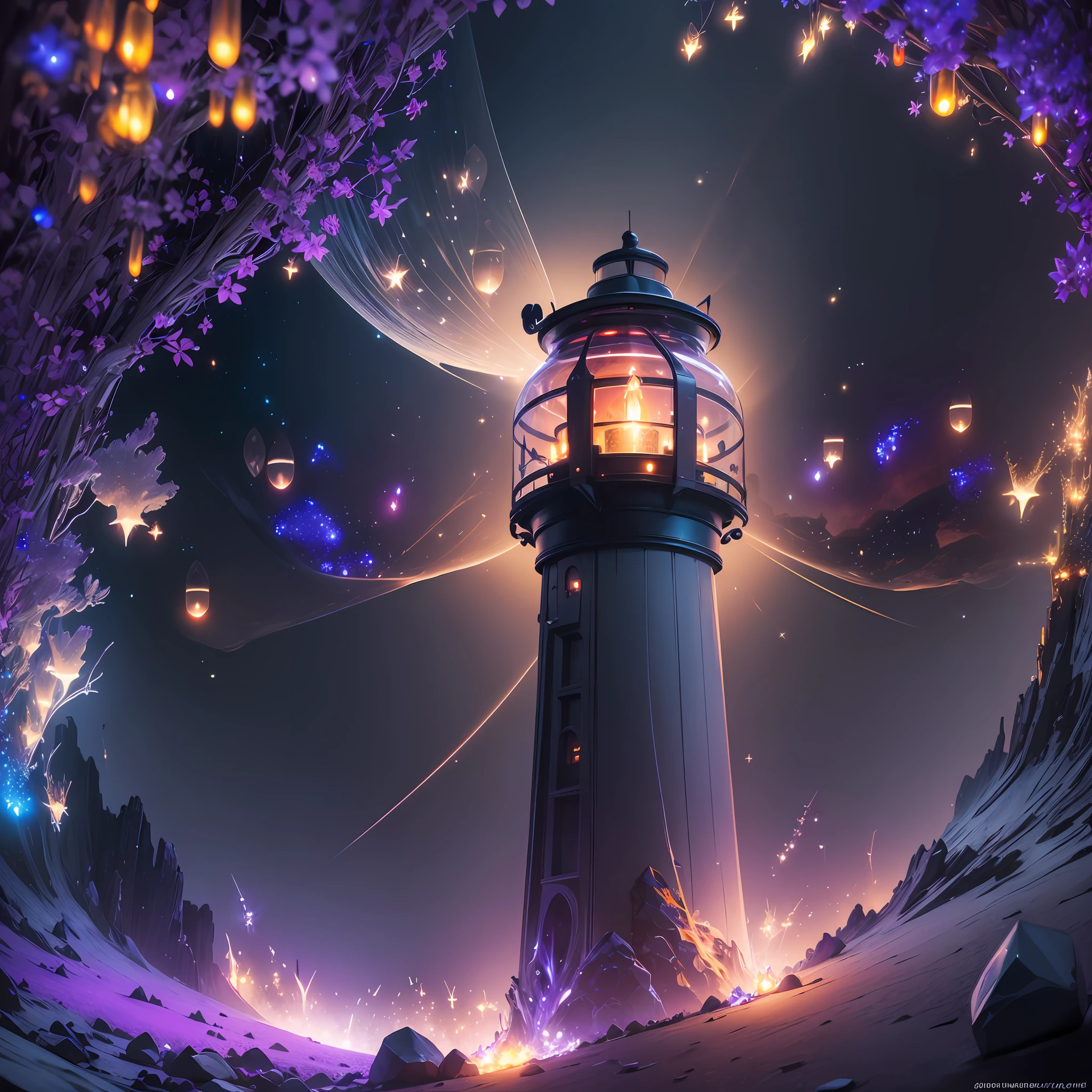 Computer, Extensive landscape ultrasound photography bottle, burning lighthouse, fog, (general view showing lighthouse, glass, reflection),inside the bottle reflects the moon, meteor shower, (ultradetailed), burning lighthouse, glass, (detailed), shards, glass (detailed), night night, moon reflection, (1:3), fireflies (1:3), BREAK production art, (cold light source:1.2), (Firefly:1.2), purple, fire particles, colors, complex details, volumetric lighting, realistic fantasy BREAK (Masterpiece:1.2), (Best Quality), 4K, Ultra Detailed, (Dynamic Composition: 1.4), High Detailed, Colorful Details, (Dark Colors: 1.2), (Luminous Lighting, Atmospheric Lighting), Gloomy, Dark, Magical --auto --s2