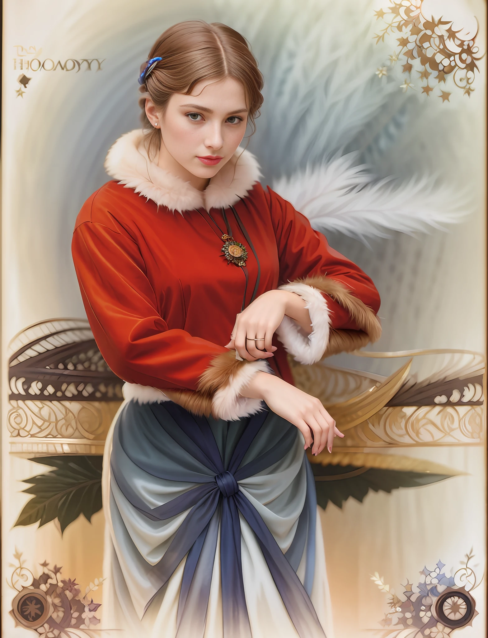 (positive focus, original photo), portrait close-up, (in the dark:1.1), surrealist female portrait David Hockney and Alphonse Mucha, fantasy art, 1 girl, wearing gorgeous fur with realistic photos, dynamic lighting, art station, poster, volumetric lighting, very detailed faces, 4 K, Award-winning, 1 girl, shadow, understated, (official costume: 1.4, gorgeous furs, complex costumes, furs), looking at the camera, half-body shots, ((realistic face))),
