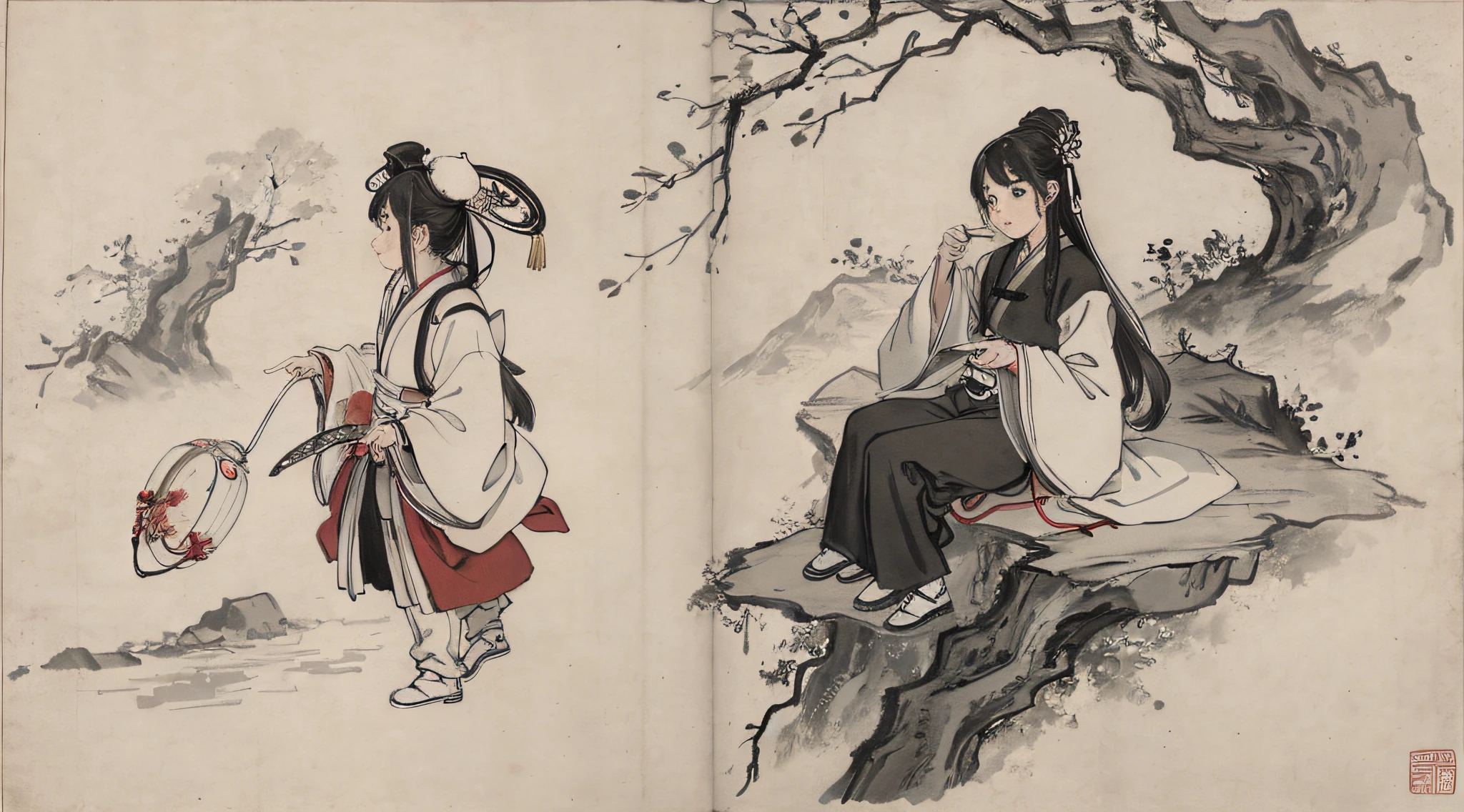 (Masterpiece, best quality: 1.2), traditional Chinese ink painting, two children drinking tea