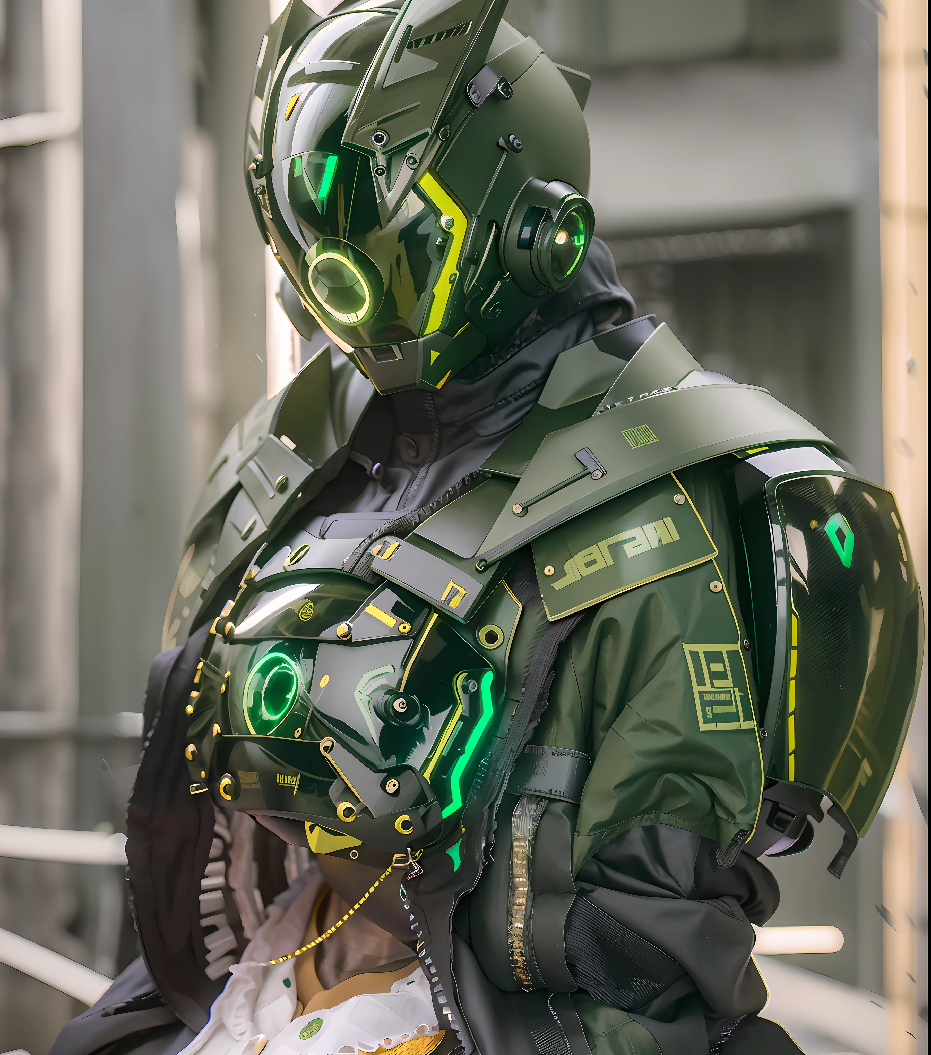 Original, masterpiece, top quality, cyborg woman in a green circle illuminates cyber helmet with black colored ears, black jacket, sunny day, on the street