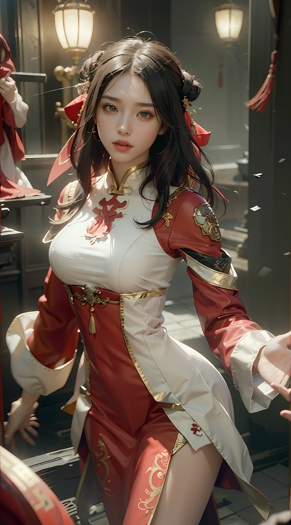 ((Best Quality)), ((Masterpiece)), (Details: 1.4), 3D, A Beautiful Chinese Costume Beauty, (Full Red Wedding Dress: 1.9), (Long Black Straight Hair: 1.7), (Red Hood: 1.2) (Red Glow) (Wedding Scene: 1.5), Chinese Wedding, HDR (High Dynamic Range), Ray Tracing, NVIDIA RTX, Super-Resolution, Unreal 5, Subsurface Scattering, PBR Texture, Post-processing, Anisotropic Filtering, Depth of Field, Maximum Sharpness and Clarity, Multi-layer Texture, Albedo and Highlight Mapping, Surface Shading, Accurate Simulation of Light-Material Interactions, Perfect Proportions, Octane Render, Bicolor Light, Large Aperture, Low ISO, White Balance, Rule of Thirds, 8K RAW,