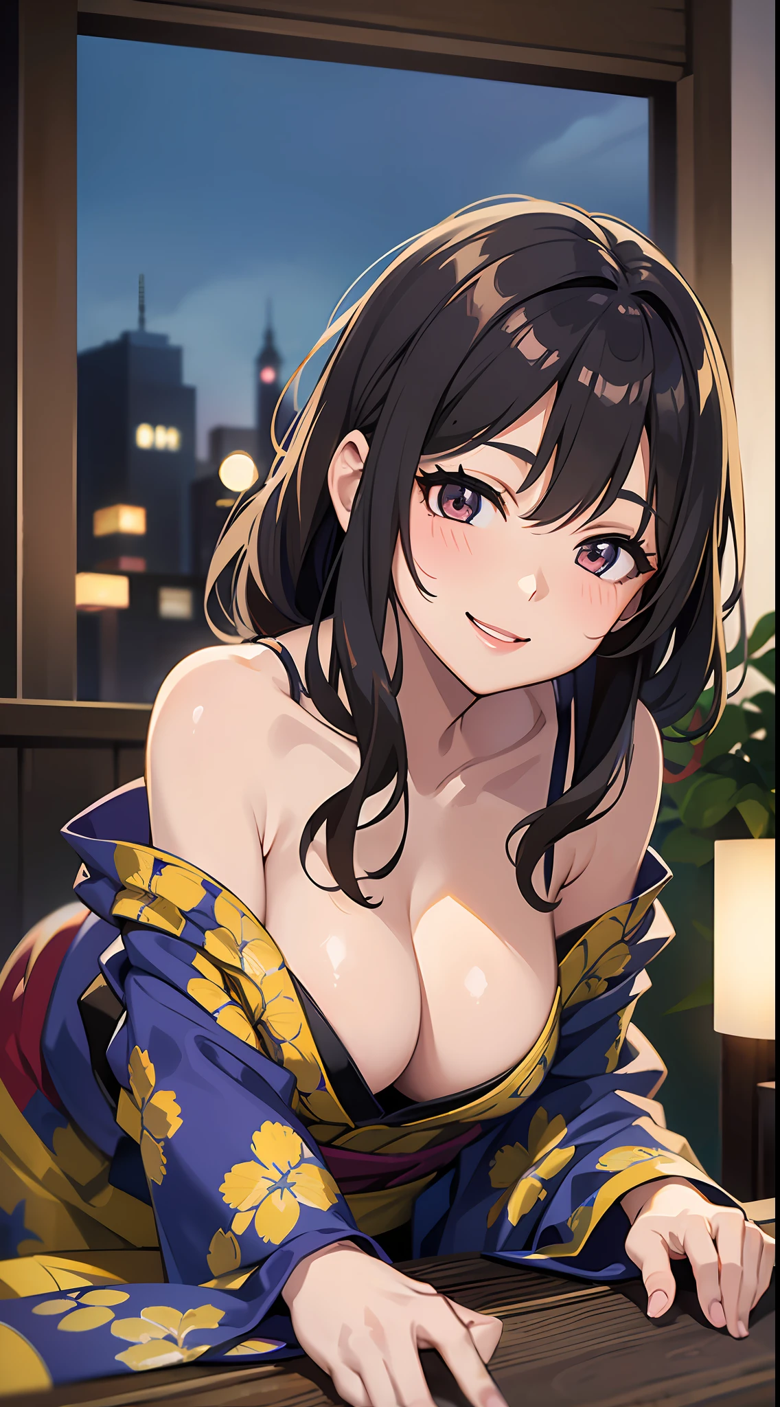 1girl, masterpiece, best quality, medium full shot, brown hair, (off shoulder yukata), cleavage, busty, sexy body, erotic pose, sexy lips, smiling, all fours, pov🗿