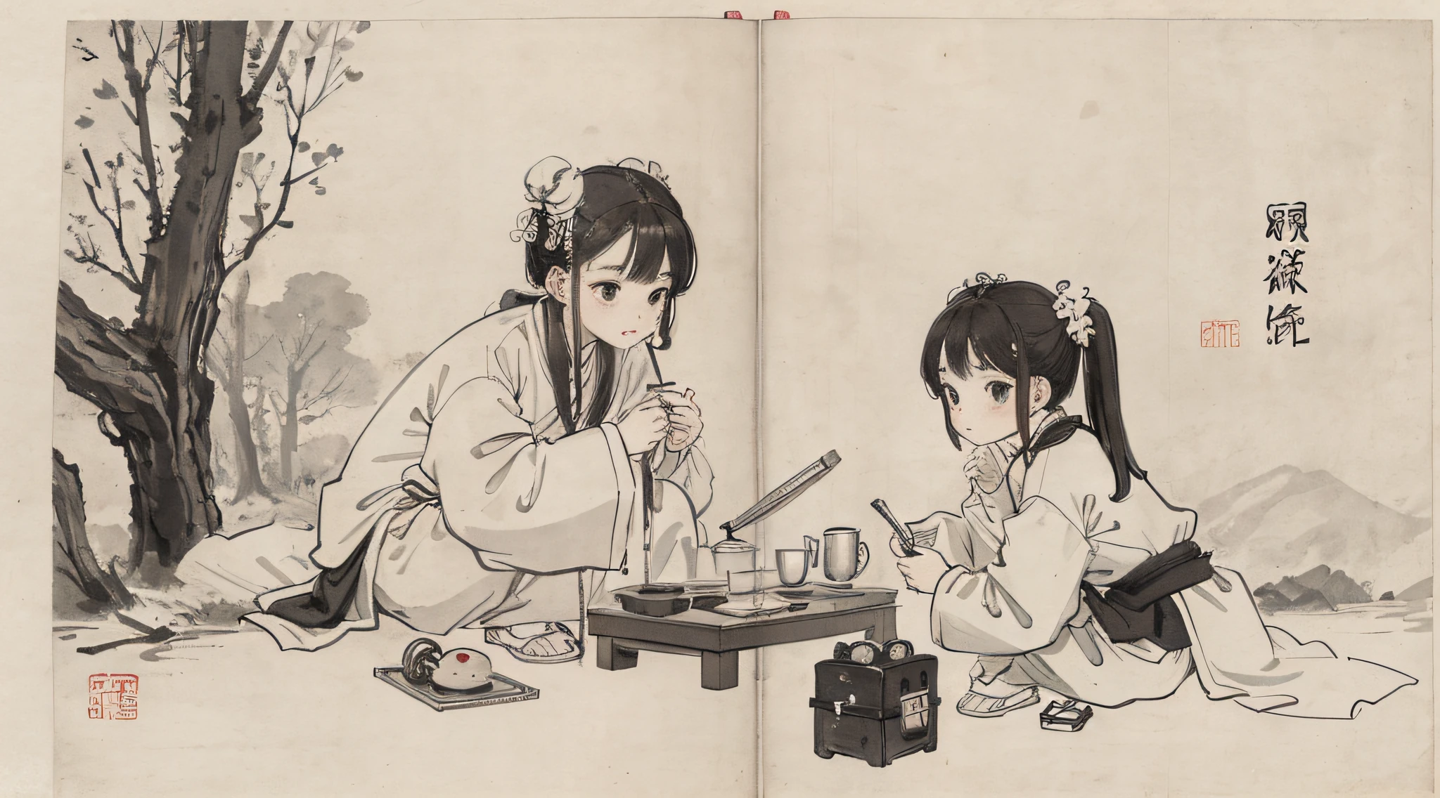 (Masterpiece, best quality: 1.2), traditional Chinese ink painting, two children drinking tea
