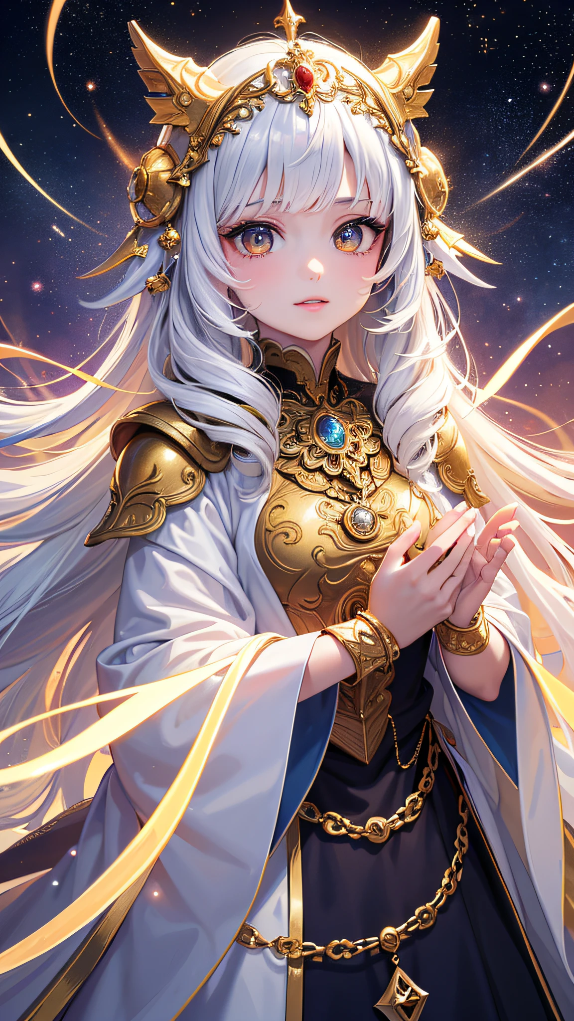 (Masterpiece, Top Quality, Best Quality, Official Art, Beauty and Aesthetics: 1.2), (1 Girl), Extreme Detail, (Fractal Art: 1.3), Colorful, Supreme Detail, Perfect Face, Upper Body, Fullness, HDR, Prayer, (White Cloak Golden Lines: 1.2), Starry Sky, Shooting Star, Light Stripe
