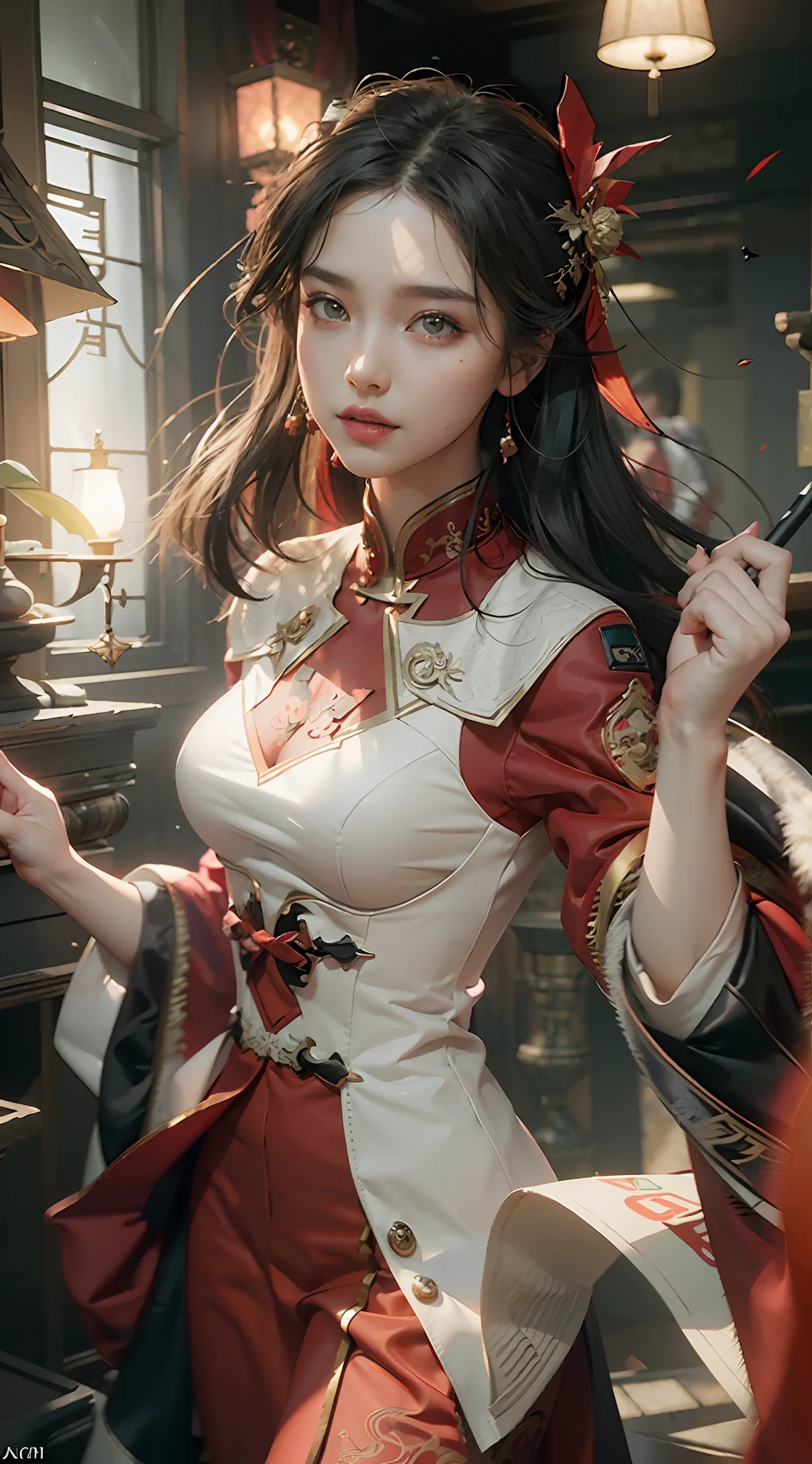 ((Best Quality)), ((Masterpiece)), (Details: 1.4), 3D, A Beautiful Chinese Costume Beauty, (Full Red Wedding Dress: 1.9), (Long Black Straight Hair: 1.7), (Red Hood: 1.2) (Red Glow) (Wedding Scene: 1.5), Chinese Wedding, HDR (High Dynamic Range), Ray Tracing, NVIDIA RTX, Super-Resolution, Unreal 5, Subsurface tering, PBR Texture, Post-processing, Anisotropic Filtering, Depth of Field, Maximum Sharpness and Clarity, Multi-layer Texture, Albedo and Highlight Mapping, Surface Shading, Accurate Simulation of Light-Material Inteerfect Proportions, Octane Render, Bicolor Light, Large Aperture, Low ISO, White Balance, Rule of Thirds, 8K RAW,