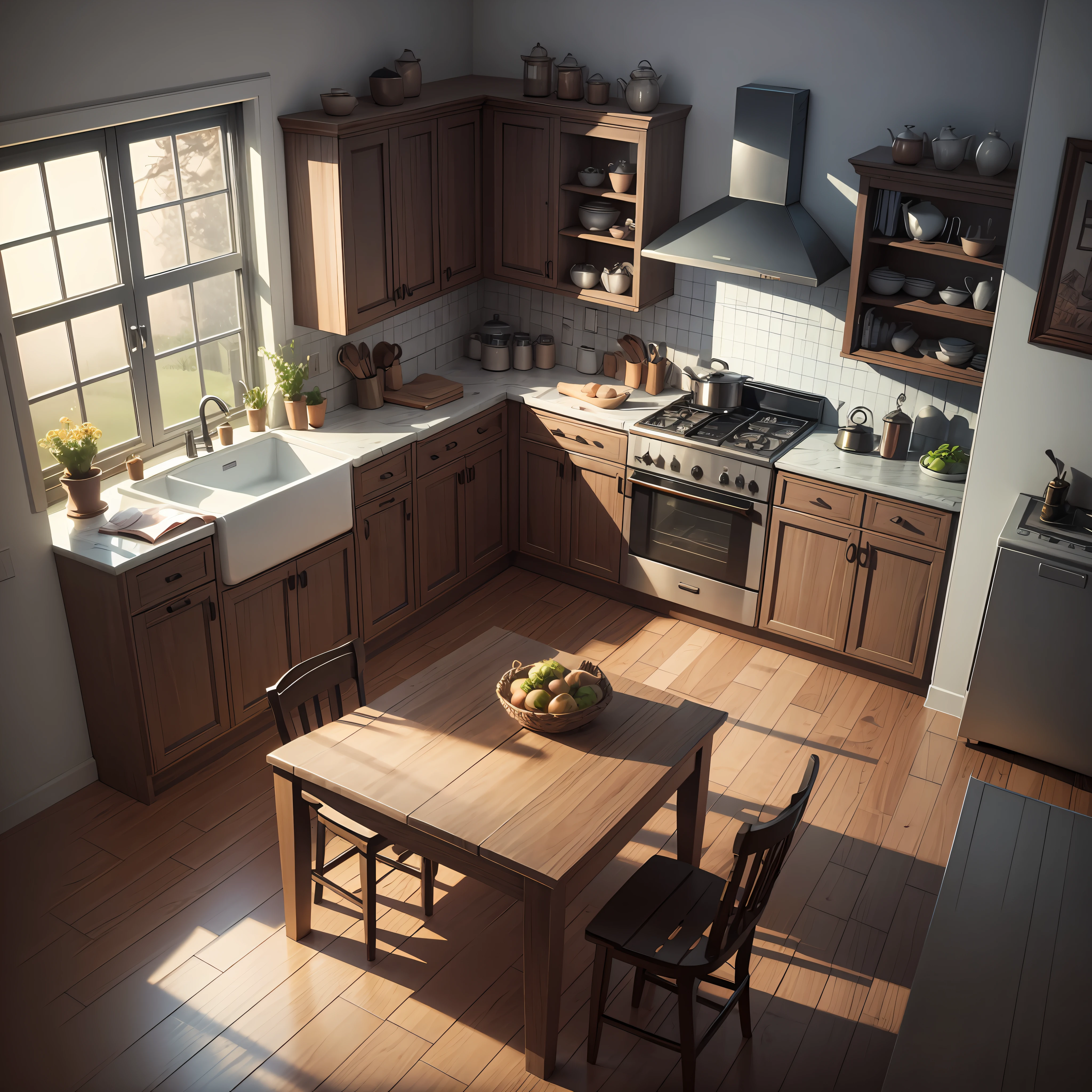 isometric render of the kitchen interior of a scary village house at dusk game art --auto --s2