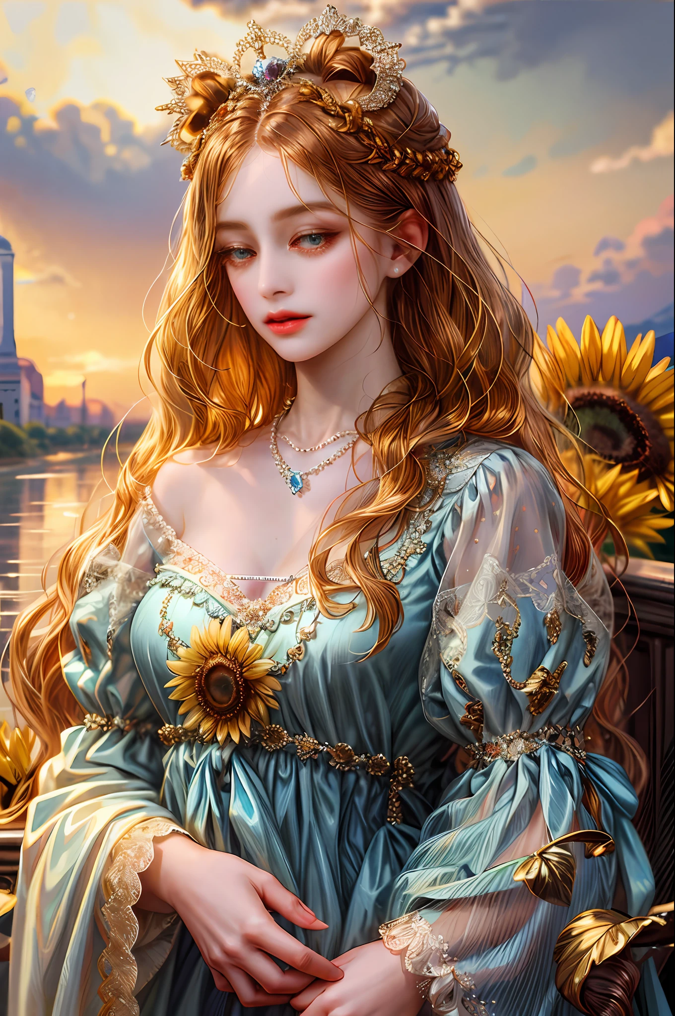 (  Absurdly , High quality , ultra detailed ) ,( hand detailed ) , 1girl, solo, mature, very long hair, sunflower hair , beautiful crystal eyes ( eye detailed ) Baroque, Necklace, long dress, long sleeve, elegant, colorful, highest detailed, upper body , with the river and sunflowers