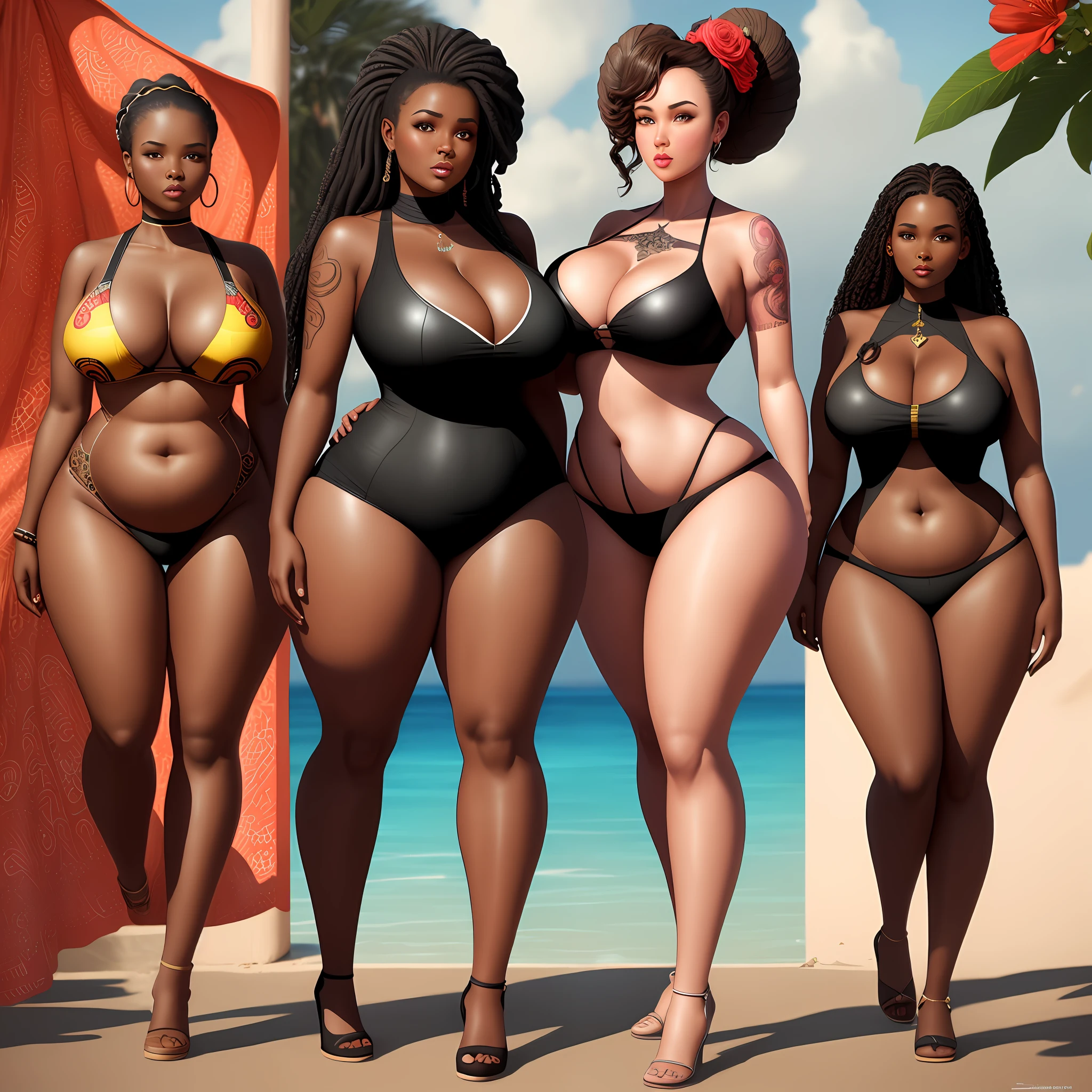 a five beautiful african girls standing in various poses to show off her body shapes and measurements of the same amount, hourglass body shape, Pear body shape, inverted triangle body shape, Apple body shape, rectangle body shape, 21yo, posing for a photo, tattooed leg, tattoo of a red flower,hyper-realistic fat woman figure, photorealistic perfect bbw body, black goddess, with big fat breasts, with a big chest, hyper real render, a hyper-realistic secretary, hyper-realistic student, april render, agitated, elegant pose,armadillo on thigh