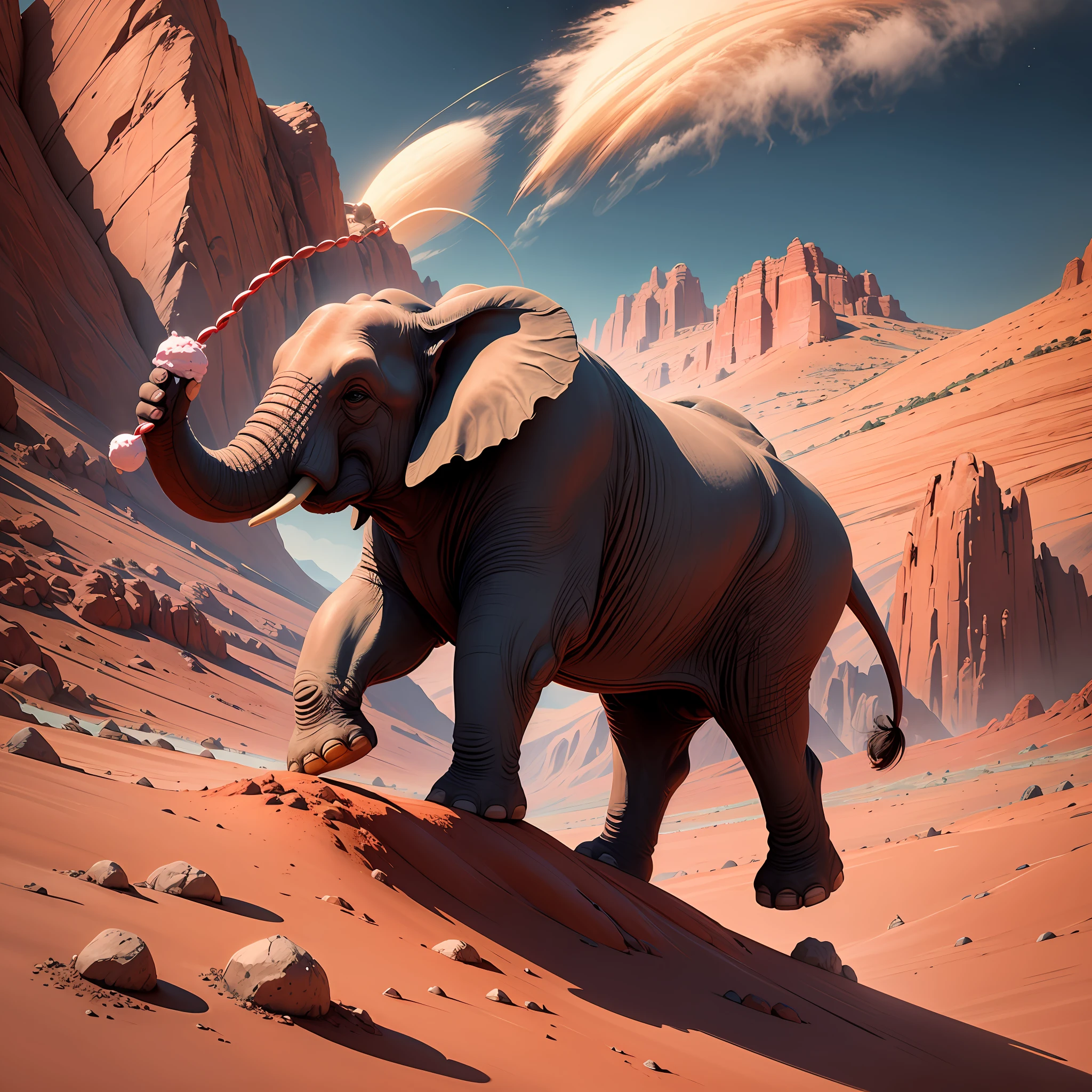 "Describe the surreal scene of a giant elephant jumping rope on a red rocky terrain on Mars while holding a vanilla ice cream with its trunk. Detail the vibrant colors of the ice cream and the nimble movements of the elephant as the rope spins around you." --auto --s2