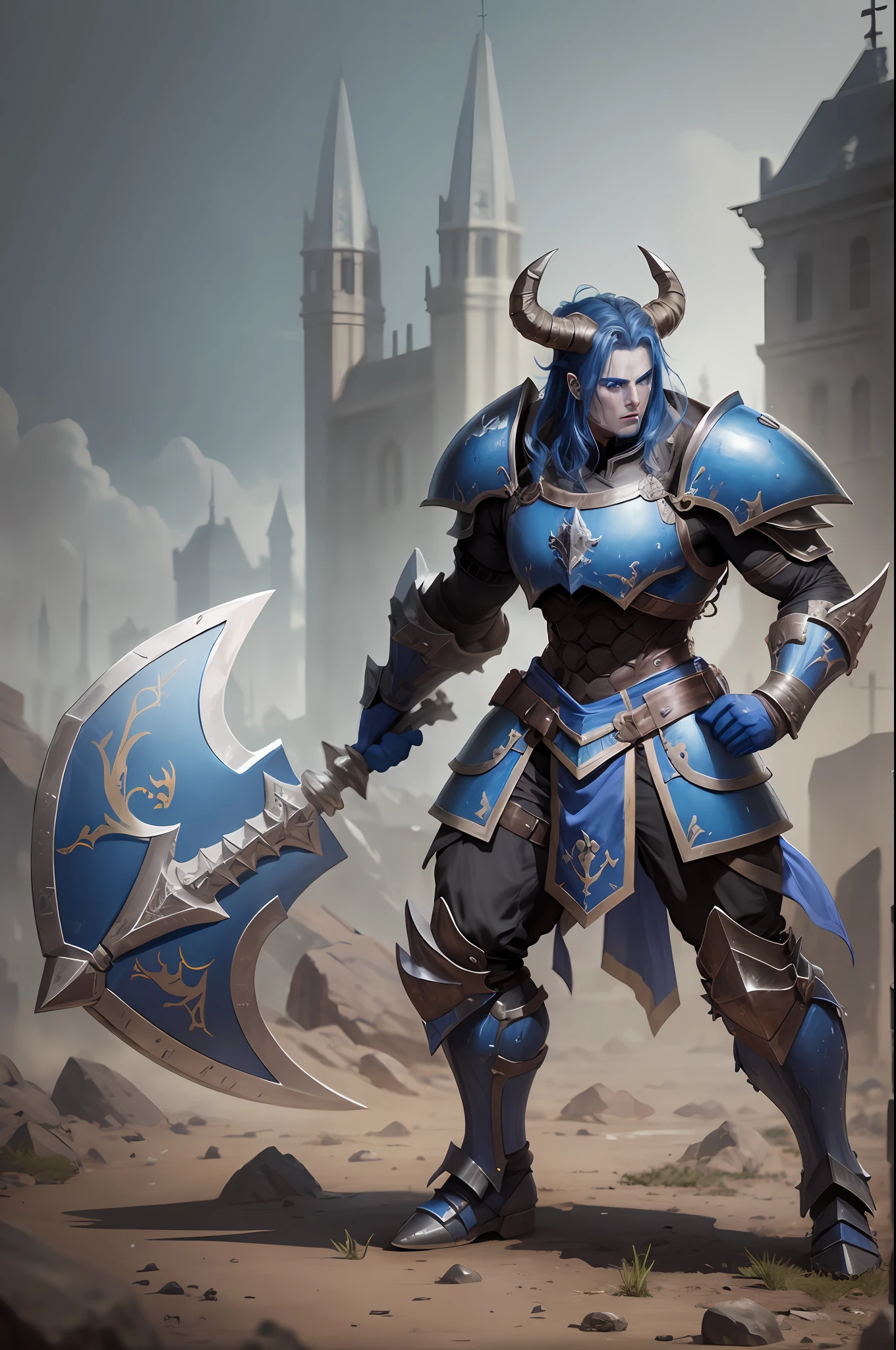 Robust blue draconate warrior with battle scars with battle axe