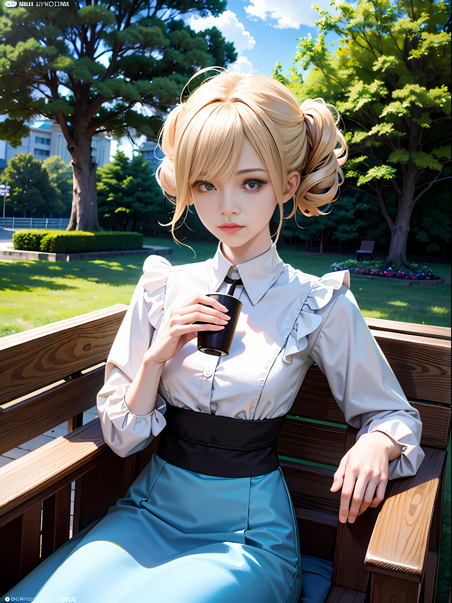 Light blonde haired girl, ((short mullet hairstyle))vanta black eyes, wearing regal outfit, sitting under the tree, while drinking a cup of tea, very beautifull noble lady, beautifull sun lighting, by akihiko yoshida + krenz cushart, light novel cover illustration, character introduction artwork, trending on art station, ((masterpiece quality)), ((masterpiece artwork)), (((absurdres, highres, ultra detailed)))