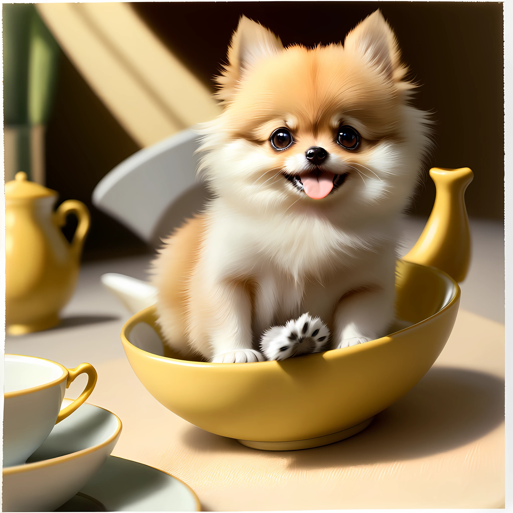 Pomeranian, (((Small)))), in a teacup, Face out, Tongue out, Front paws out, 8k, Professional photo, delicate, clear, on the table, in the house, sunshine, light leak, masterpiece, ((((Pretty))), Fashionable Teacup, (Reality))))