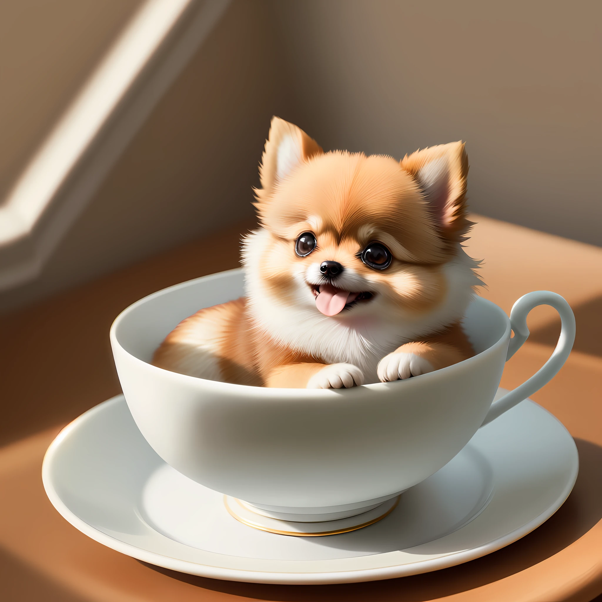 Pomeranian, (((Small)))), in a teacup, Face out, Tongue out, Front paws out, 8k, Professional photo, delicate, clear, on the table, in the house, sunshine, light leak, masterpiece, ((((Pretty))), Fashionable Teacup, (Reality))))