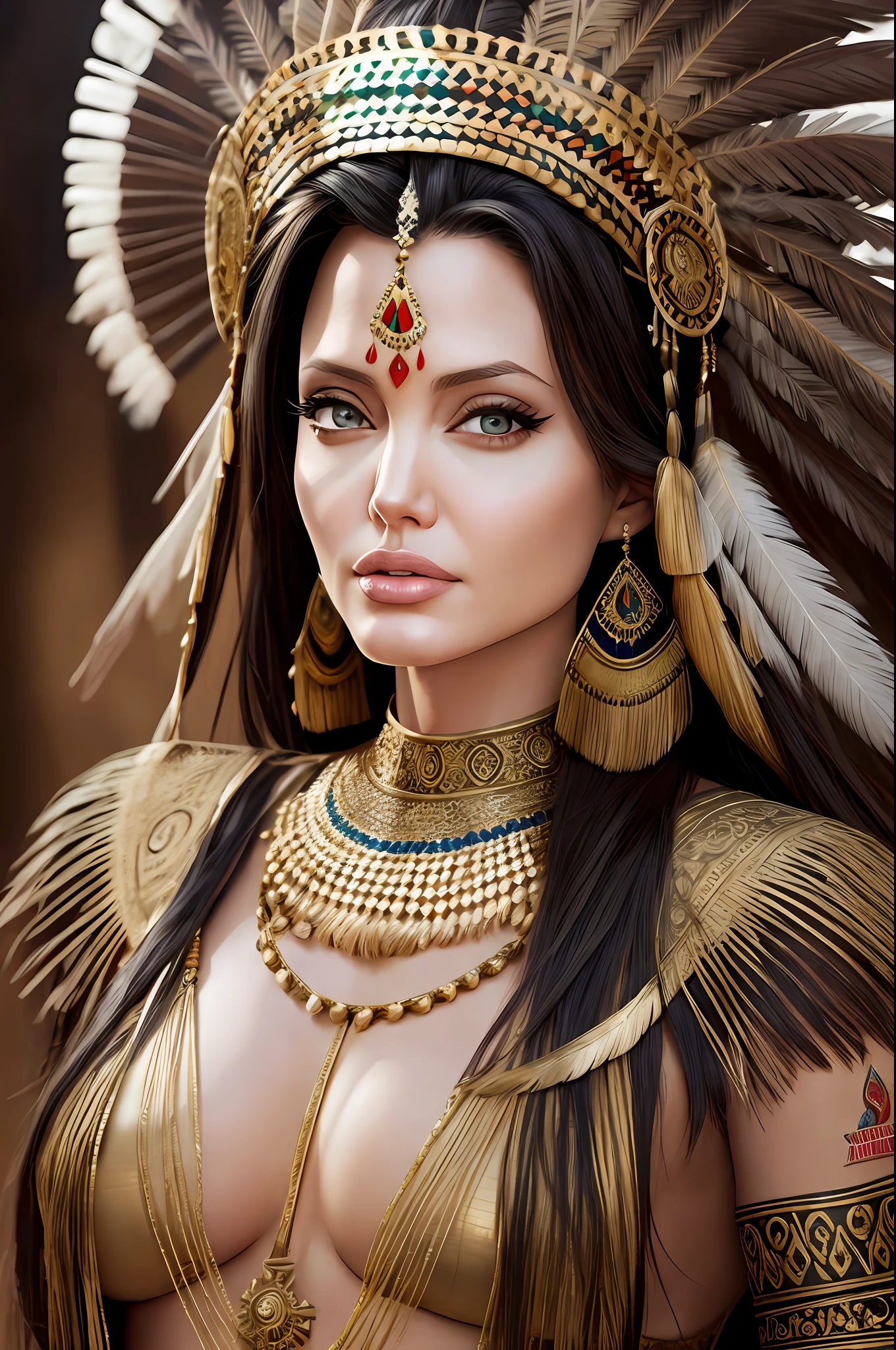 Angelina Jolie with realistic Indian headdress best shadow best cinematic lighting high resolution --auto --s2