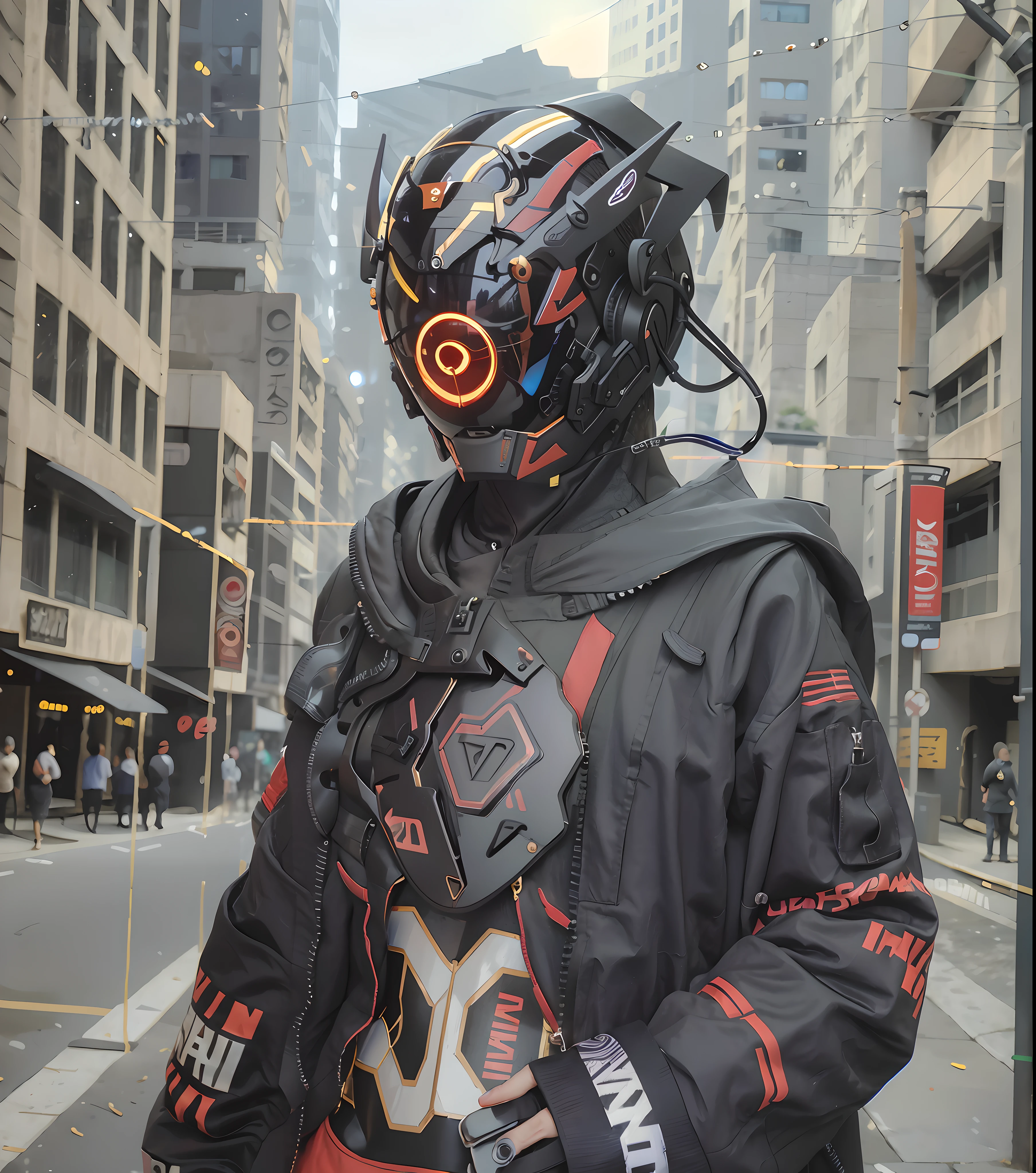 Original, masterpiece, top quality, cyborg woman in a red circle illuminates cyber helmet with black colored ears, black jacket, sunny day, on the street