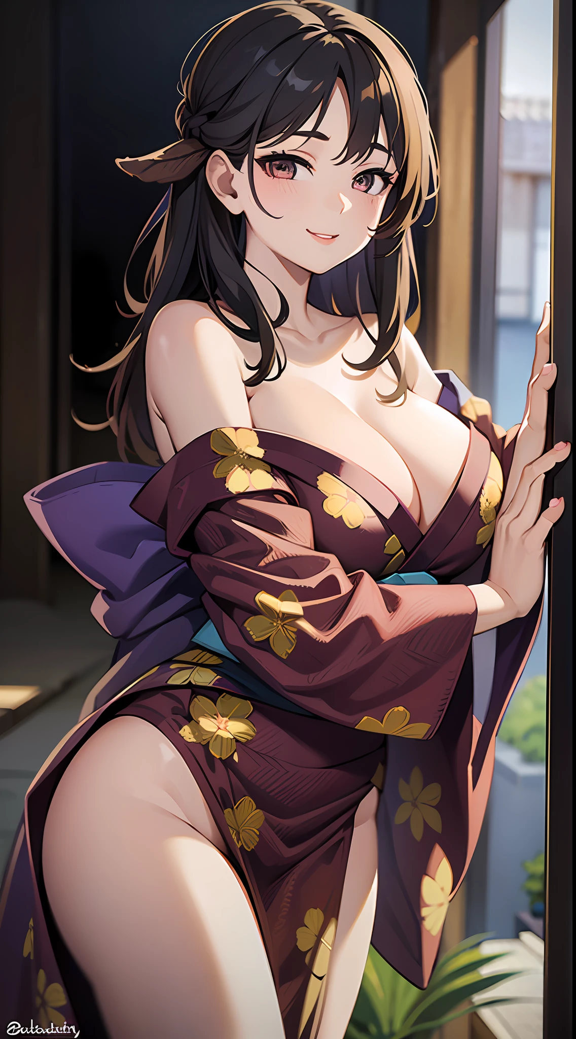 1girl, masterpiece, best quality, medium full shot, brown hair, (off shoulder yukata), cleavage, busty, sexy body, erotic pose, sexy lips, smiling, standing, thighs